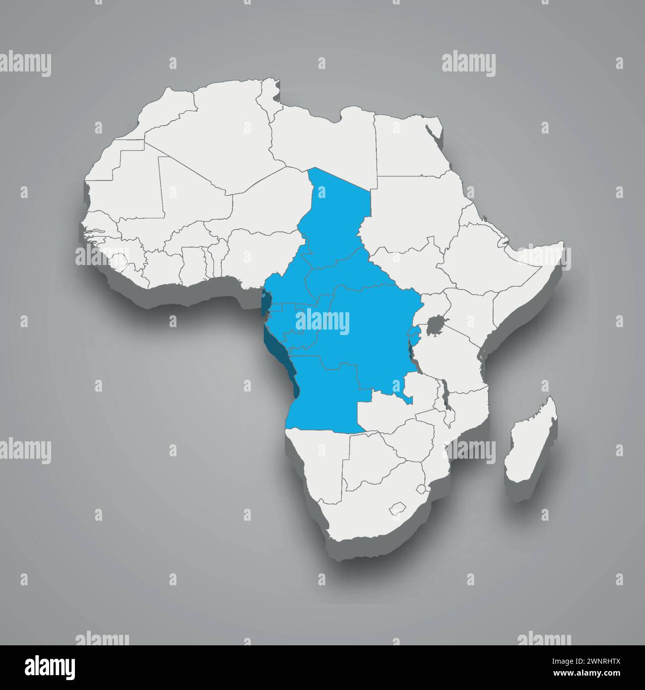 Comunità economica degli Stati dell'Africa centrale ubicazione all'interno dell'Africa mappa isometrica 3d. Illustrazione Vettoriale