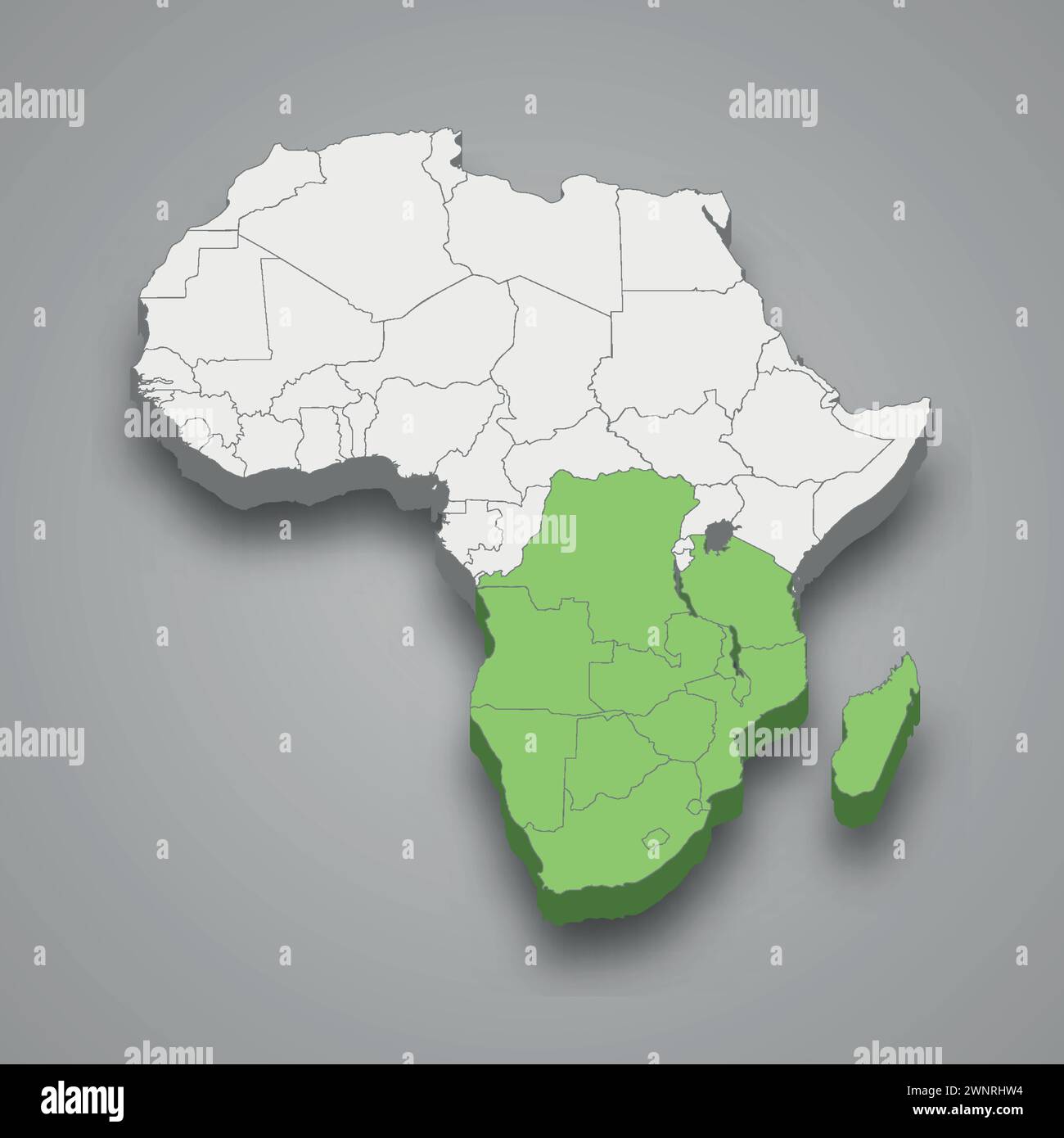 Posizione della comunità di sviluppo dell'Africa australe all'interno dell'Africa mappa isometrica 3d. Illustrazione Vettoriale