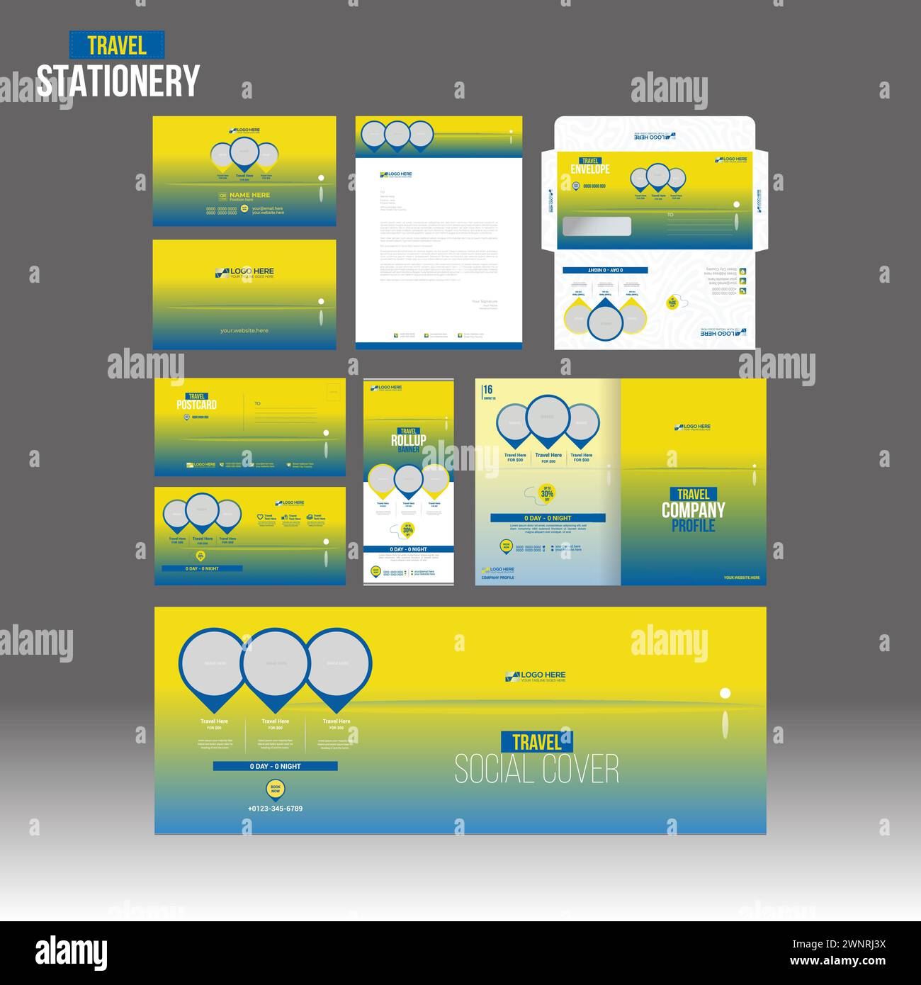 Stampa grafica cancelleria con biglietto da visita carta intestata busta cartolina Rollup copertina sociale copertina brochure per società di viaggi Illustrazione Vettoriale