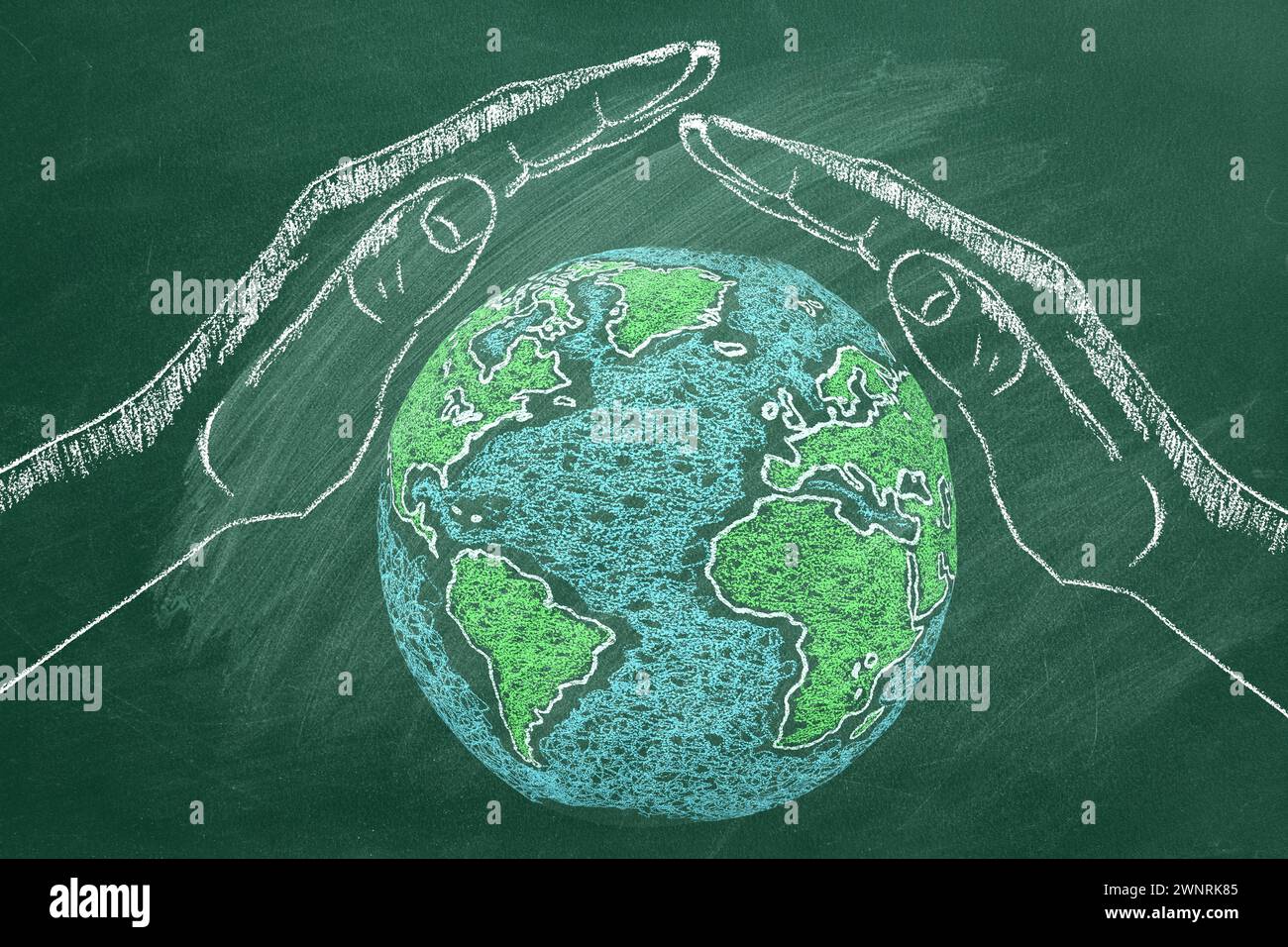 Il World Globe sotto le mani dell'uomo. Salvare il mondo. Illustrazione disegnata con gesso. Concetto di giornata della Terra. Foto Stock
