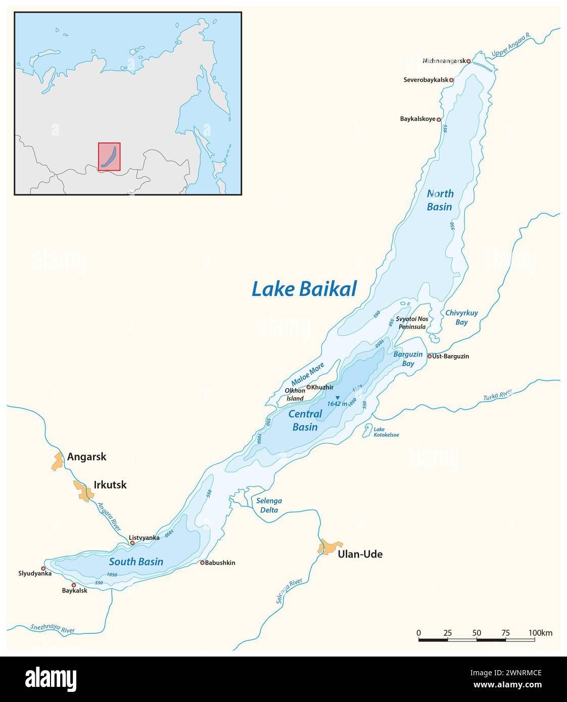 Mappa vettoriale del lago russo Baikal Foto Stock