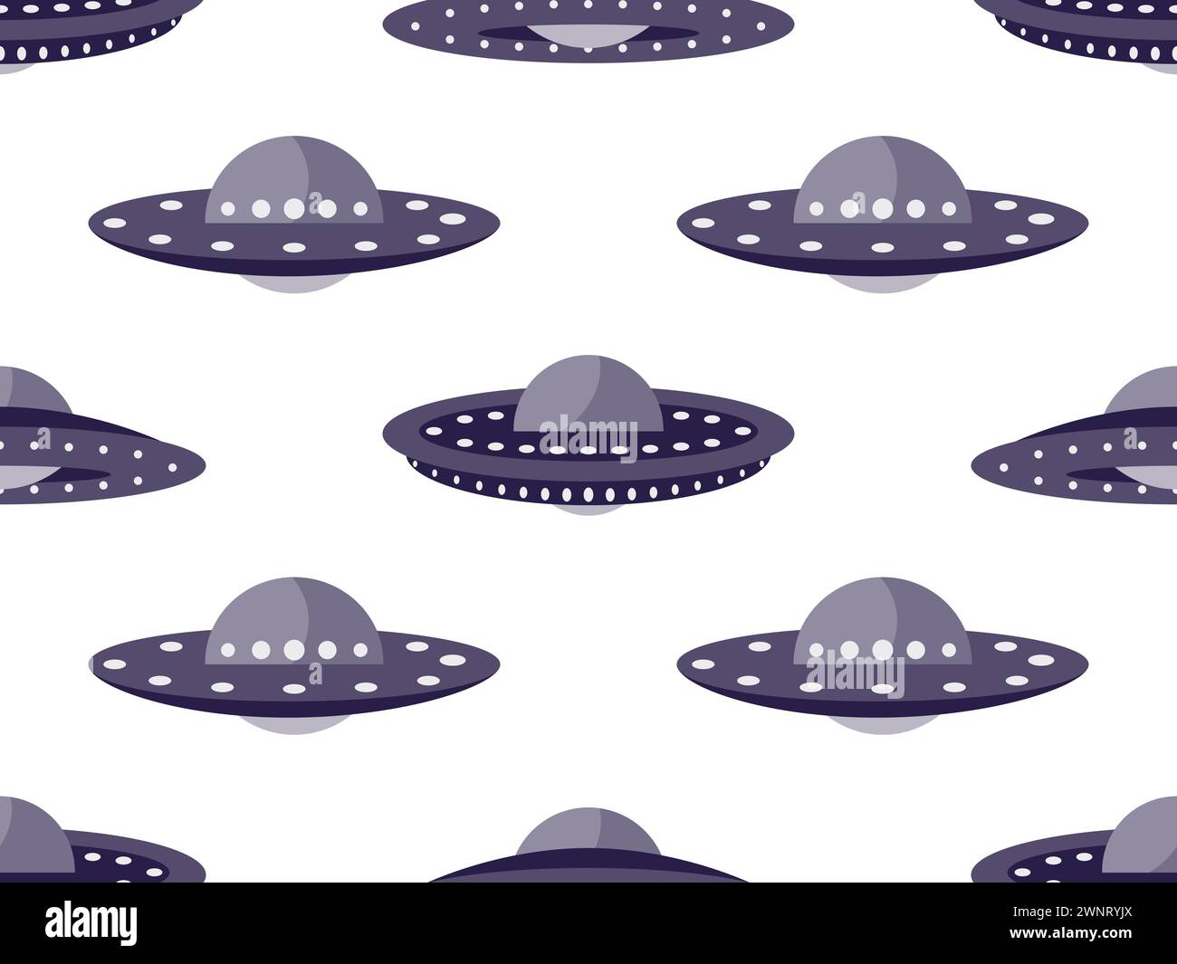 Motivo senza cuciture con piattini spaziali UFO neri su sfondo bianco. Astronavi aliene e dischi volanti spaziali. Astronavi aliene. Design per la stampa, ba Illustrazione Vettoriale