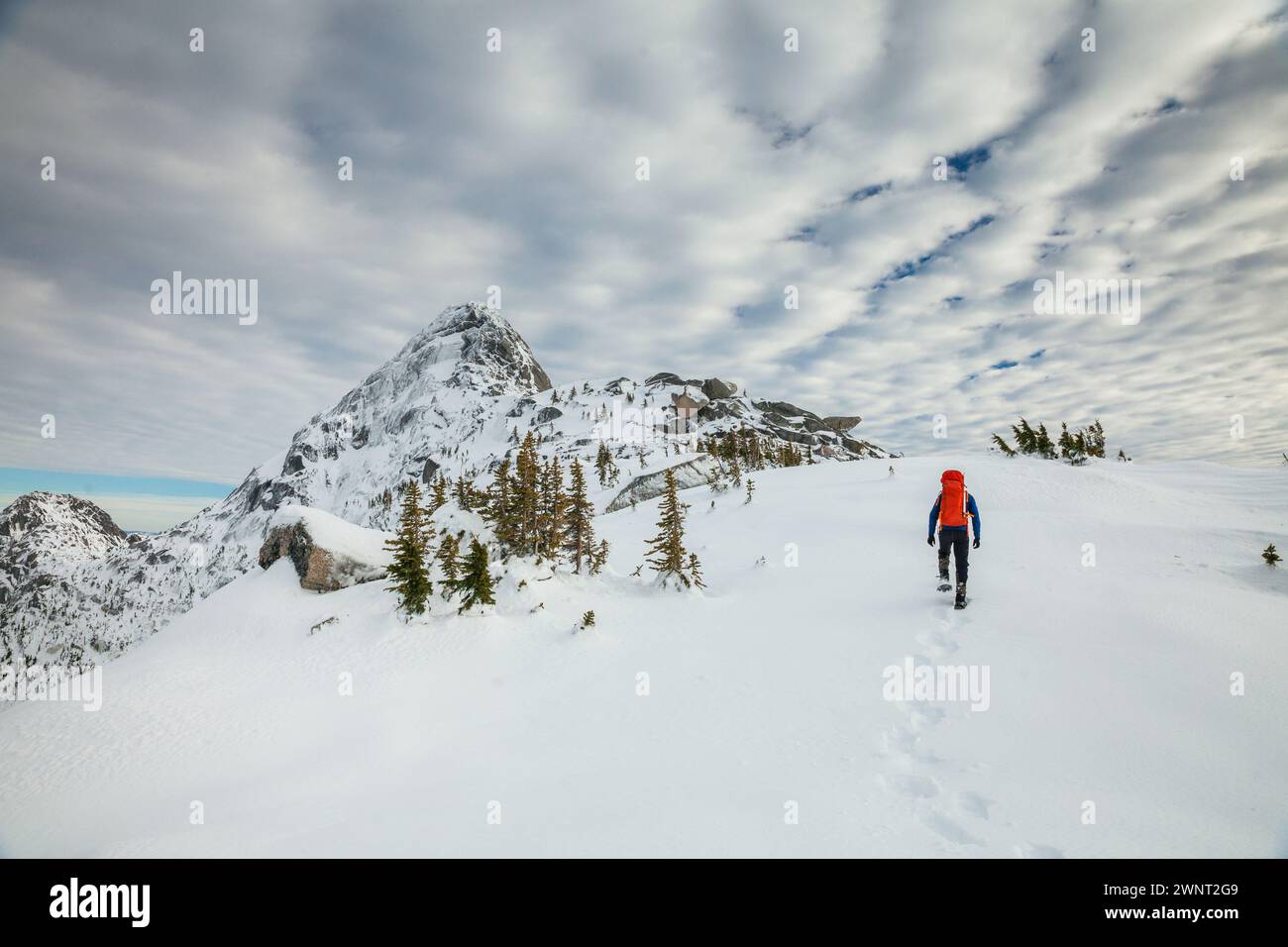 L'escursionista si avvicina alla cima della montagna indossando le racchette da neve, lasciando impronte Foto Stock