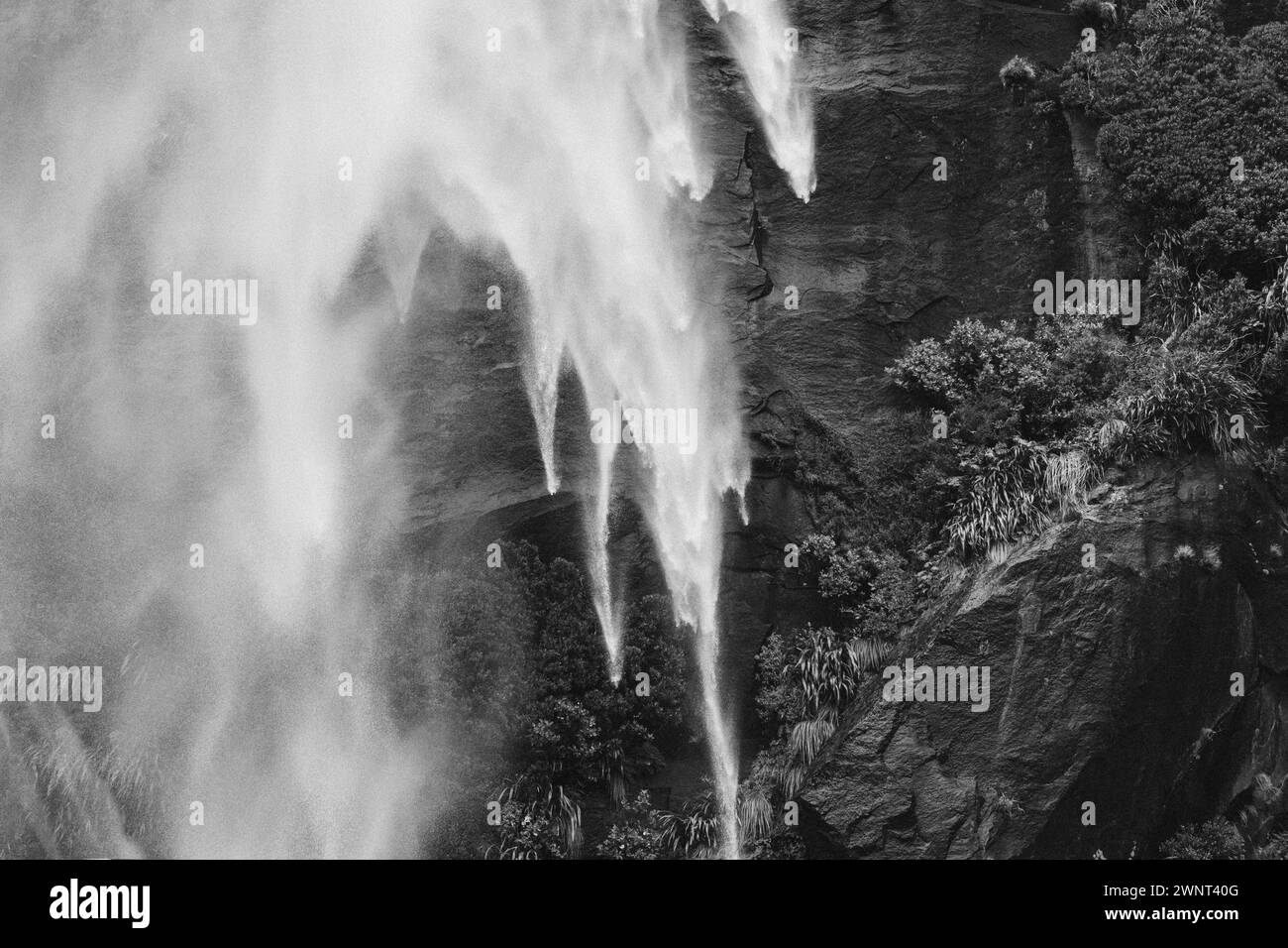 Spettacolare spruzzo della cascata di Milford Sound e delle montagne rocciose Foto Stock
