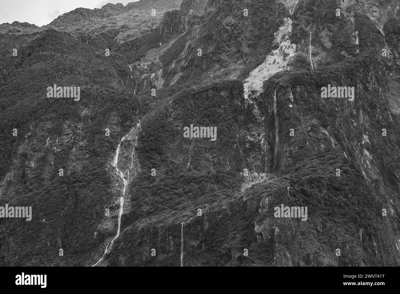 Una splendida cascata di magri paesaggi naturali lungo la montagna nel fiordo di Milford Sound Foto Stock