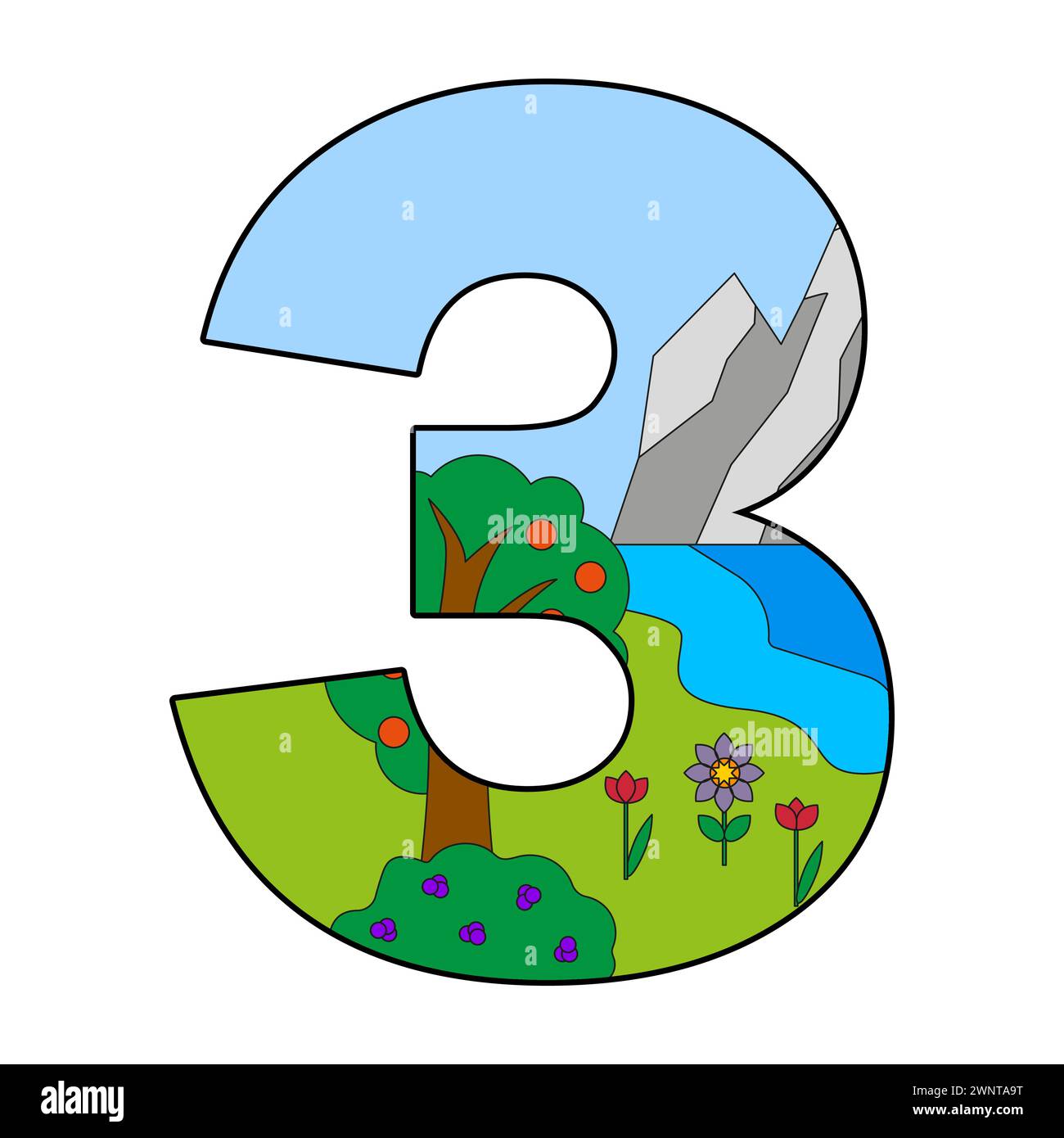 Numero tre raffigurante il terzo giorno della creazione con la raccolta di acque e la creazione di piante come descritto in Genesi. Illustrazione vettoriale. Illustrazione Vettoriale