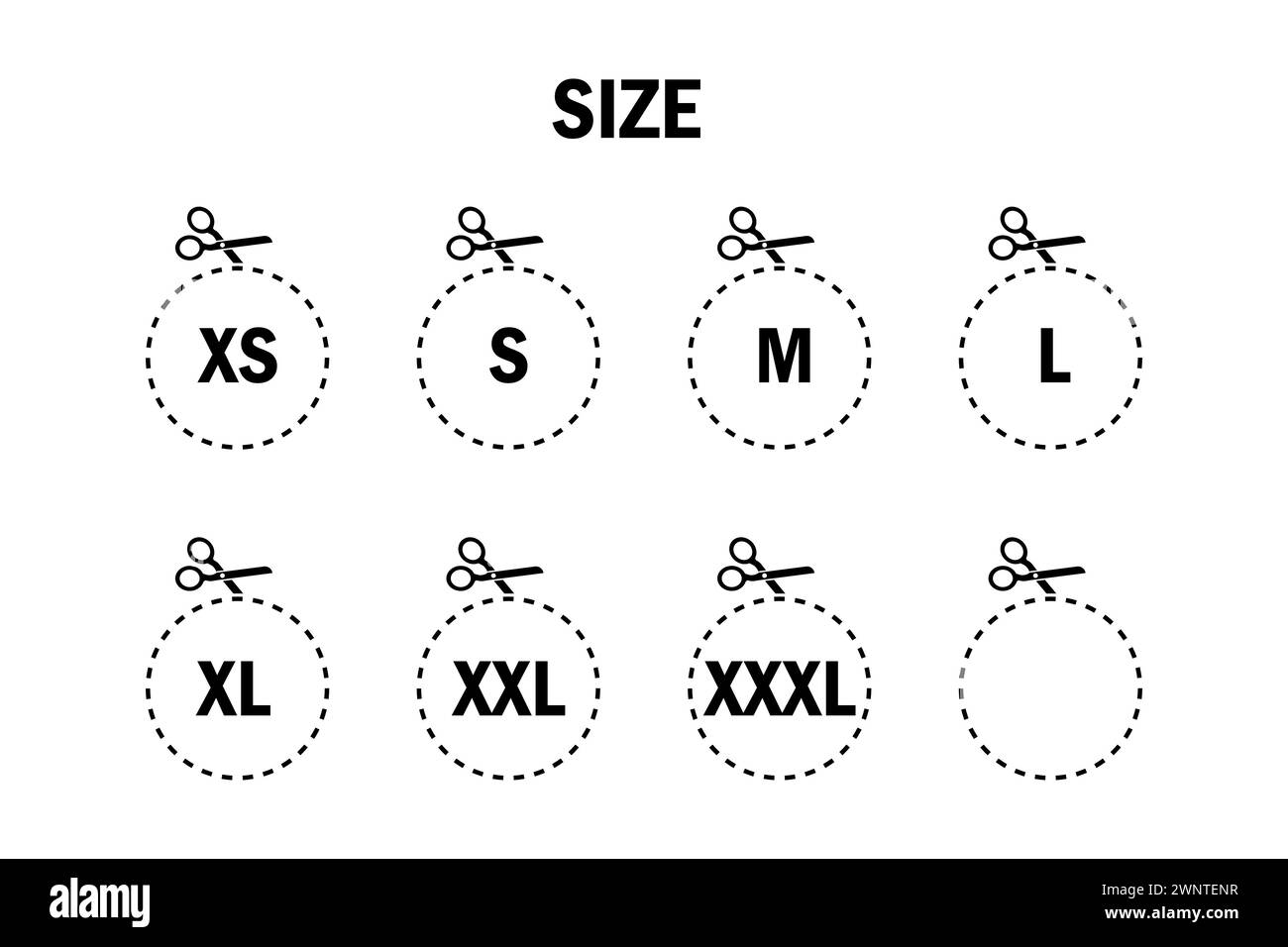 Etichette delle taglie degli indumenti. Icone delle taglie degli abiti. SIMBOLI XS, S, M, L, XL, XXL. Illustrazione vettoriale. EPS 10. Immagine stock. Illustrazione Vettoriale