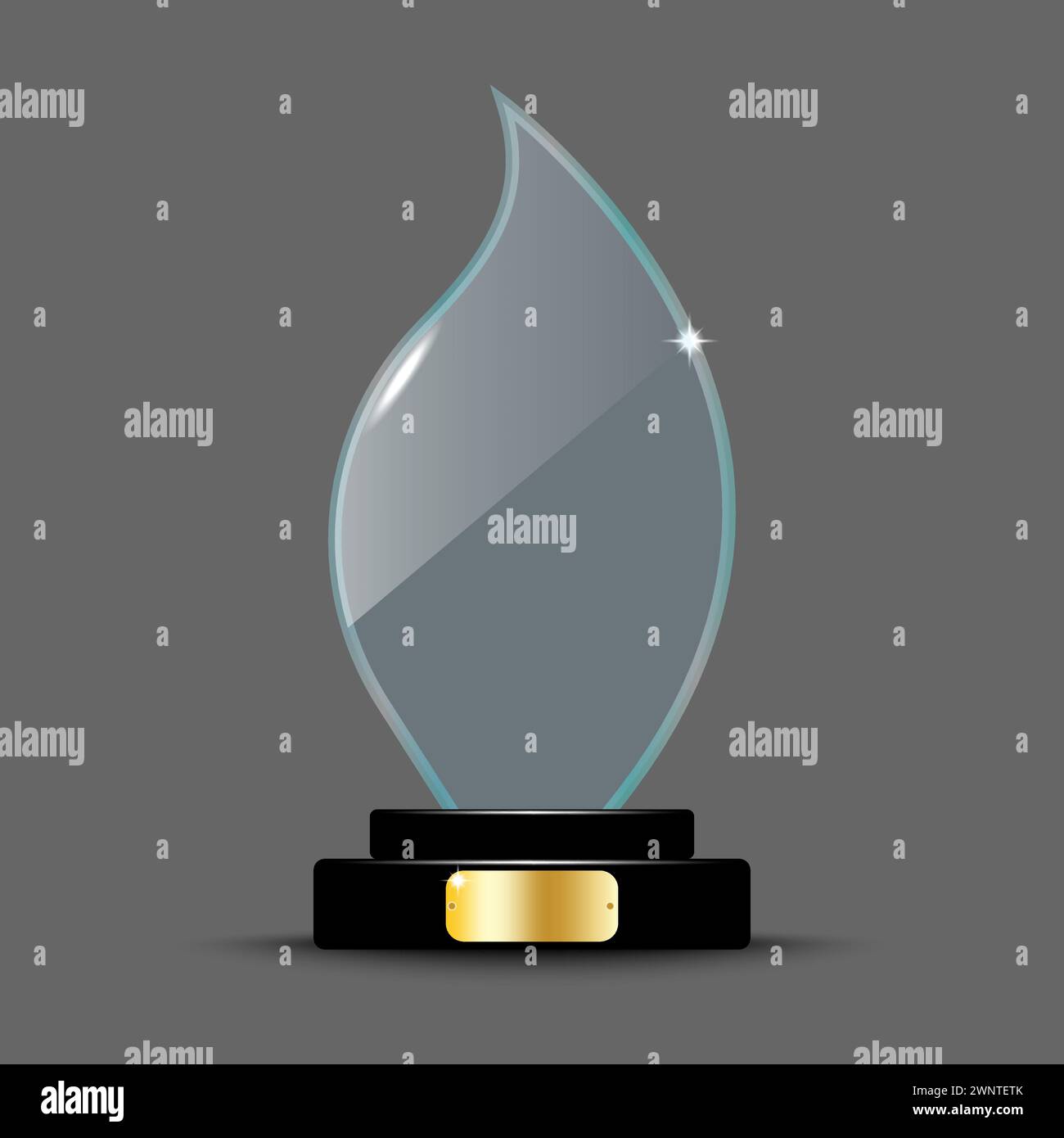 Design realistico del layout dei premi. Trofeo di vetro sotto forma di fiamma. fiamma in cristallo acrilico 3d. Illustrazione vettoriale. immagine stock. EPS 10. Illustrazione Vettoriale