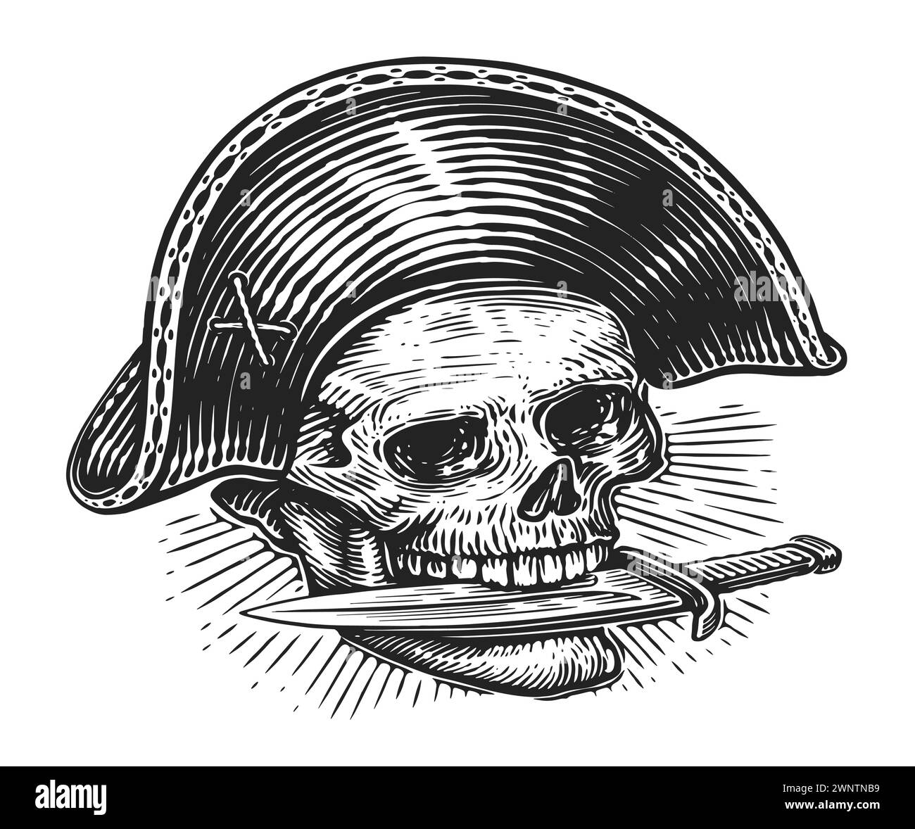 Pirata con pugnale nei denti. Scheletro del cranio Jolly Roger. Illustrazione vettoriale vintage disegnata a mano Illustrazione Vettoriale
