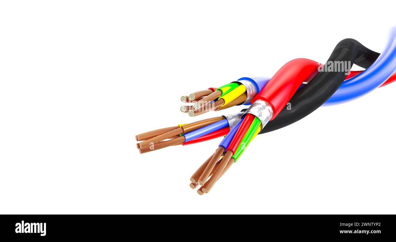 Immagine ad alta risoluzione di fili elettrici intrecciati con uno sfondo bianco pulito, rendering 3d. Foto Stock