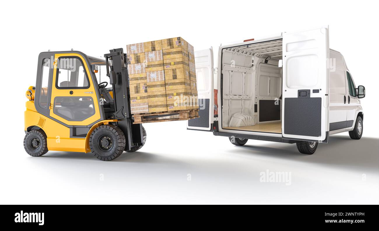 Un'illustrazione 3d di un carrello elevatore a forche che posiziona un pallet in un furgone merci Foto Stock