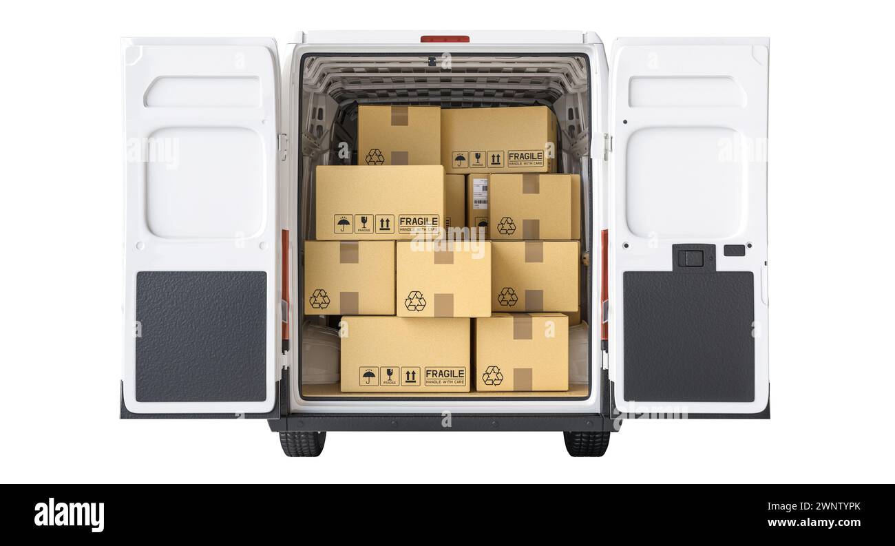 Vista dall'alto di un furgone cargo ordinatamente imballato con scatole di cartone etichettate. rendering 3d. Foto Stock
