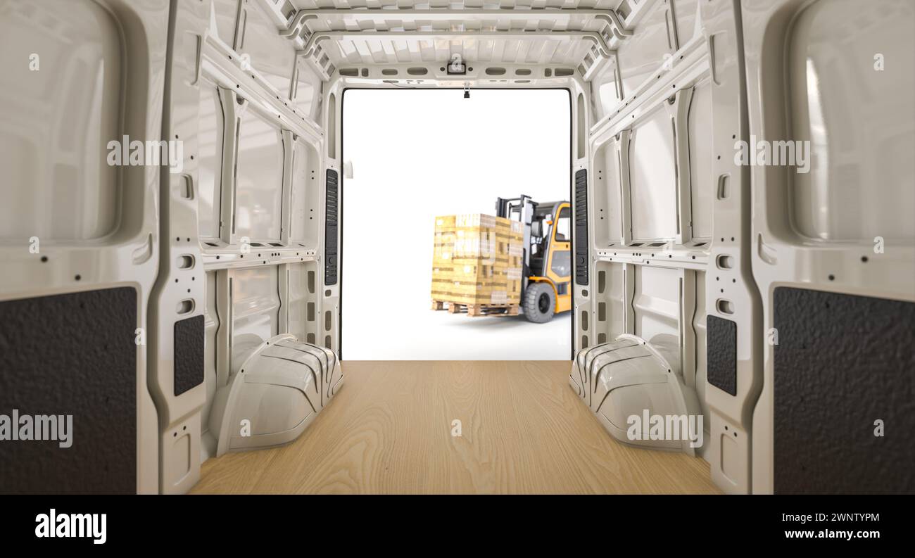 Vista dall'interno di un furgone carico vuoto con porta aperta, rendering 3d. Foto Stock