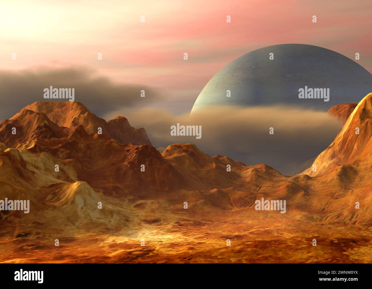 Paesaggio immaginario su un pianeta lontano. Illustrazione digitale Foto Stock