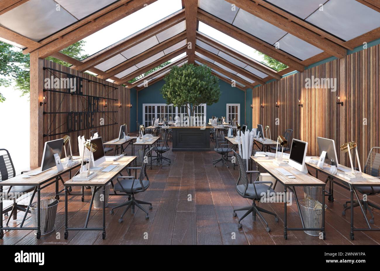 Un grande spazio open Office con pavimenti in legno Foto Stock