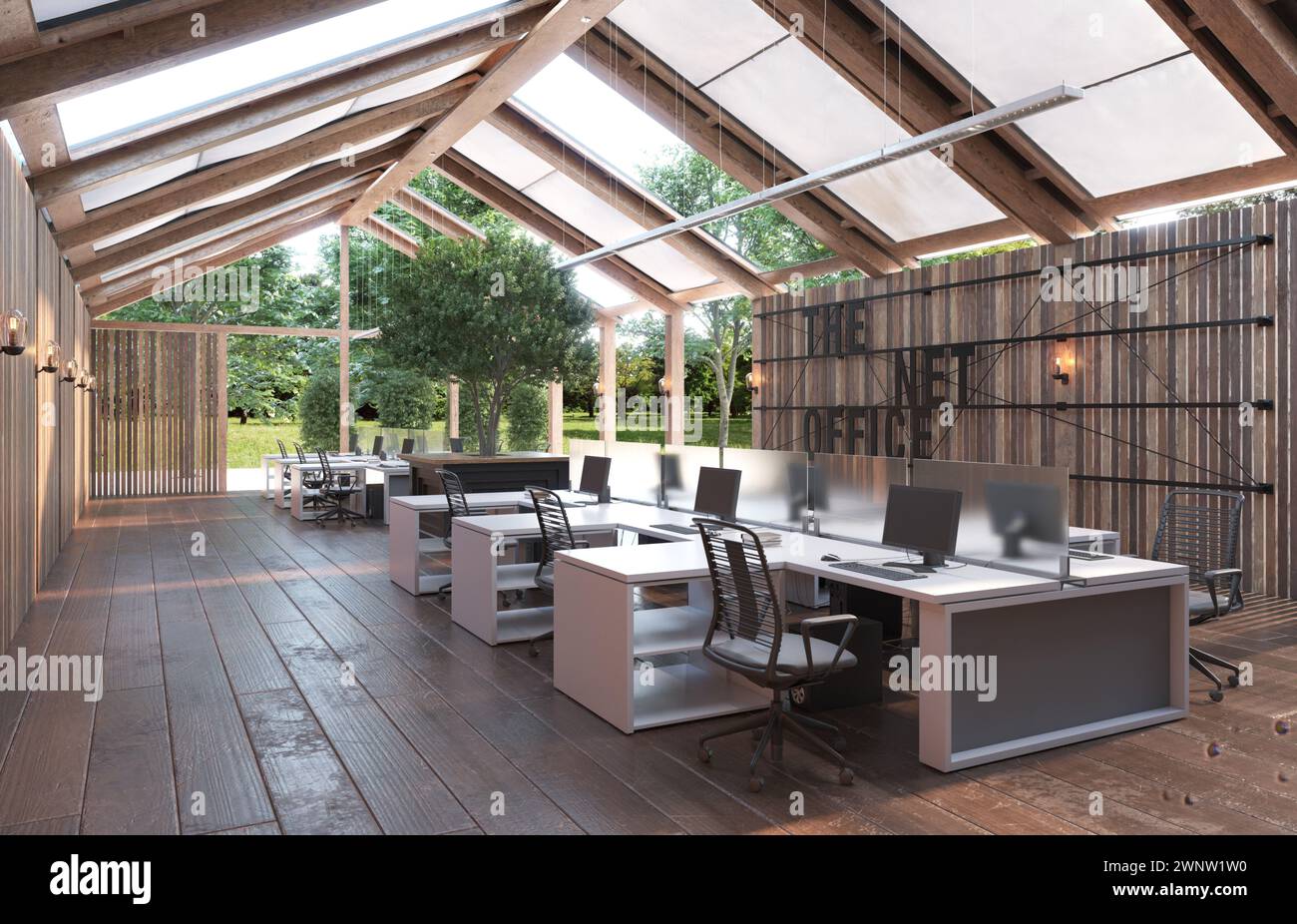 Un grande spazio open Office con pavimenti in legno Foto Stock