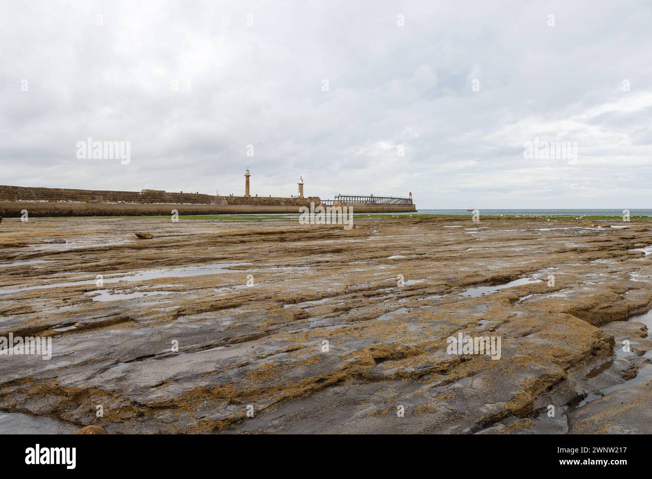 La marea fuori e il molo Whitby East Foto Stock