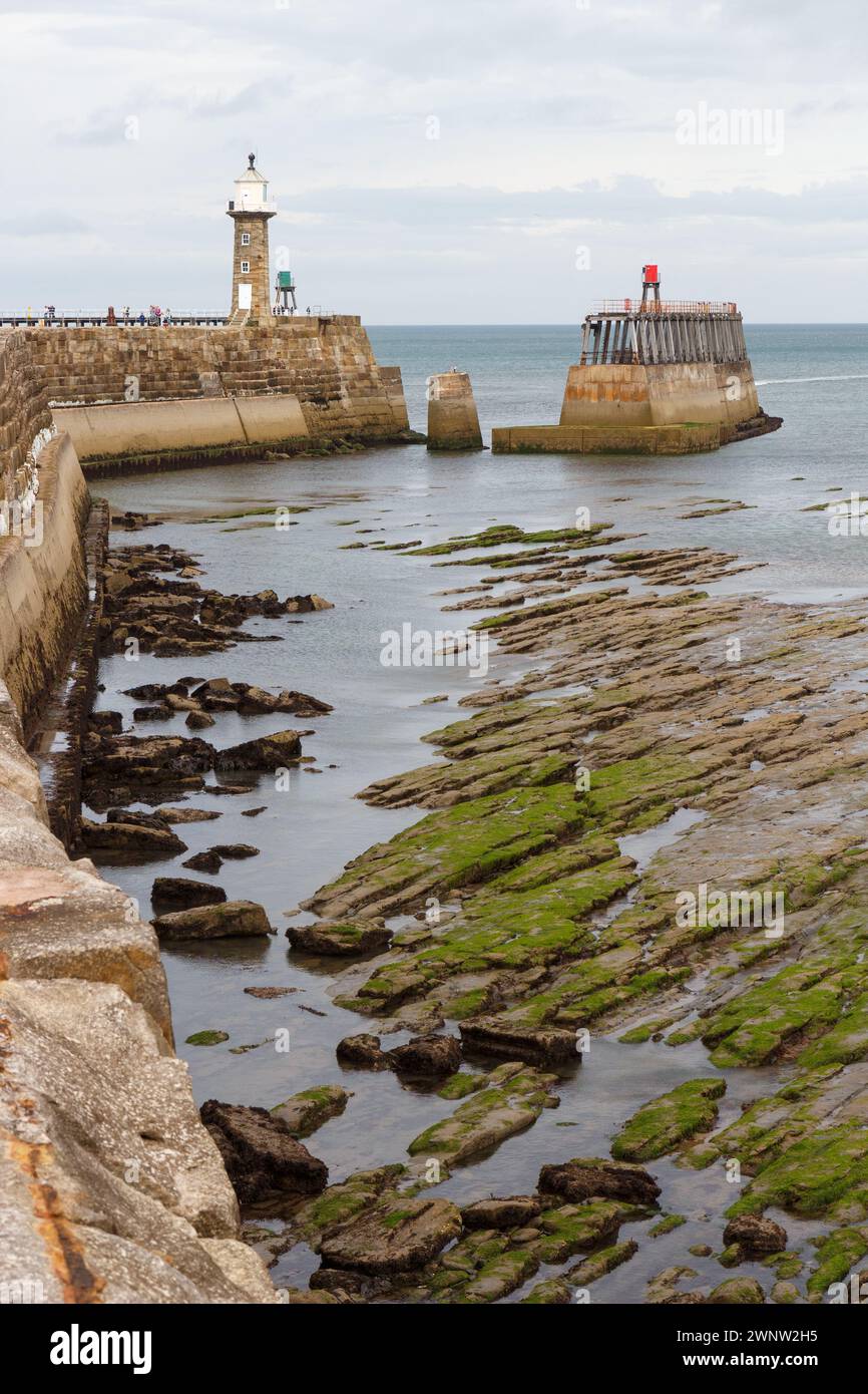 La marea fuori e il molo Whitby East Foto Stock