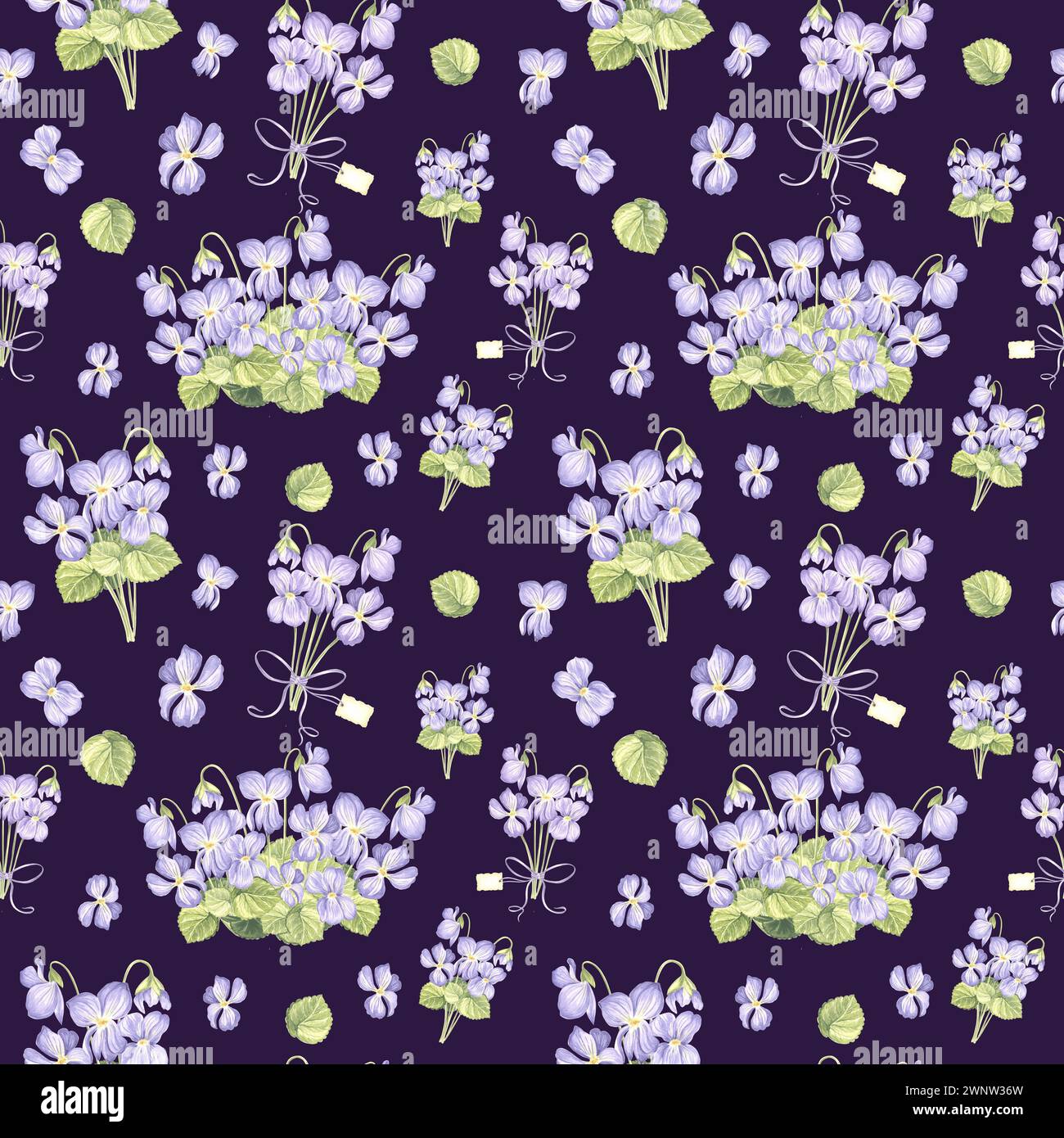 Motivo senza cuciture da viola selvaggio con foglie verdi su sfondo scuro. Illustrazione ad acquerello disegnata a mano fiori di pansia primavera. Modello per Foto Stock