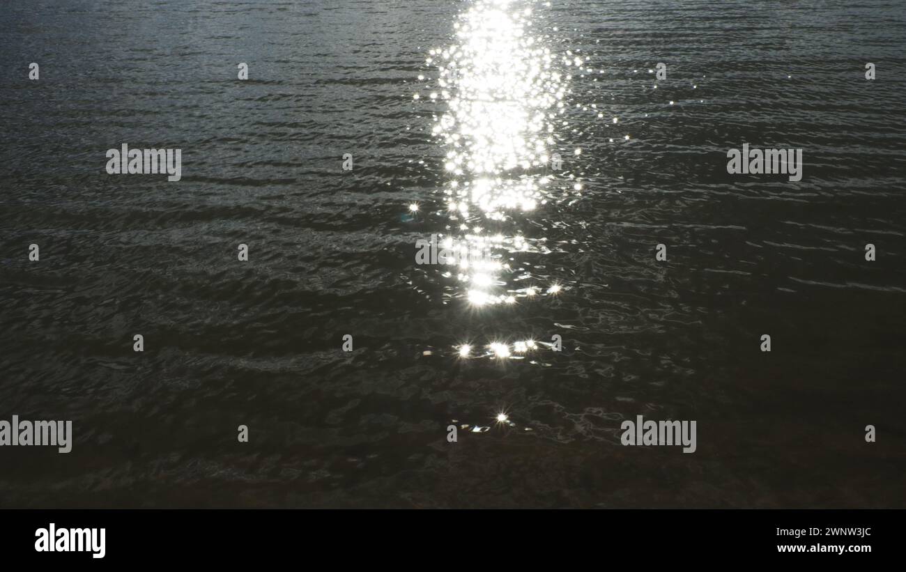 Increspature sull'acqua. I raggi del sole cadono sulla superficie del fiume e si riflettono in modo casuale. Sentiero soleggiato sul fiume Sava, Serbia. L'acqua Foto Stock
