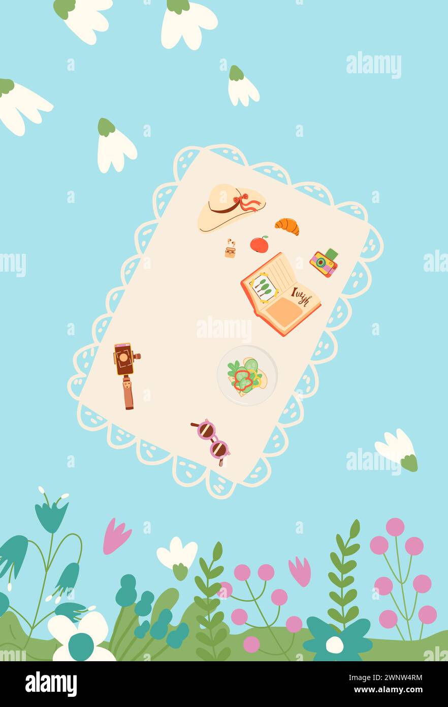 Giornata di picnic nel modello per banner del parco. Weekend primaverili di riposo elementi di sfondo. Cucina il cibo estivo all'aria. Illustrazione piatta vettoriale. Illustrazione Vettoriale
