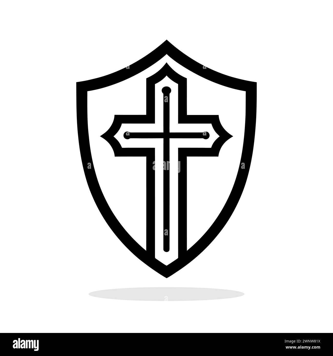 Scudo con l'icona della croce cristiana. Simbolo cristiano nero di protezione. Simbolo religioso. Illustrazione vettoriale. Illustrazione Vettoriale