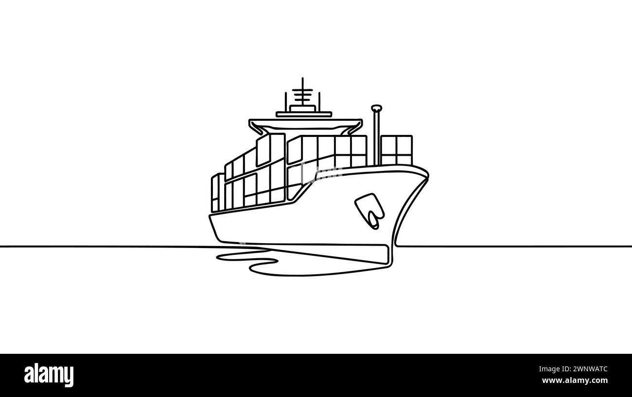 Nave da carico a una linea continua con container nel porto. Concetto di carico. Illustrazione grafica vettoriale del disegno a linea singola. Illustrazione Vettoriale