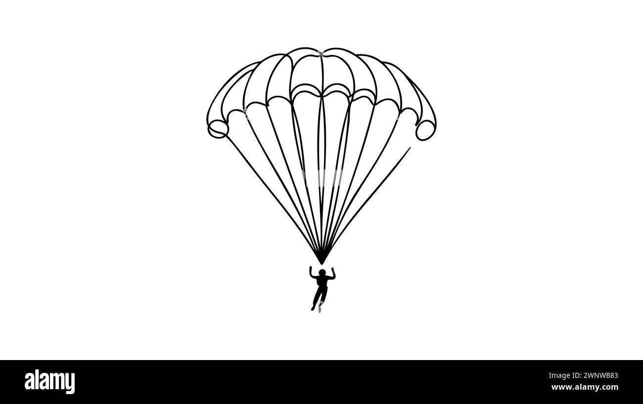 Un disegno continuo di un giovane uomo coraggioso che vola nel cielo con paracadute in parapendio. Concetto di sport estremi pericolosi all'aperto. Singolo dinamico Illustrazione Vettoriale