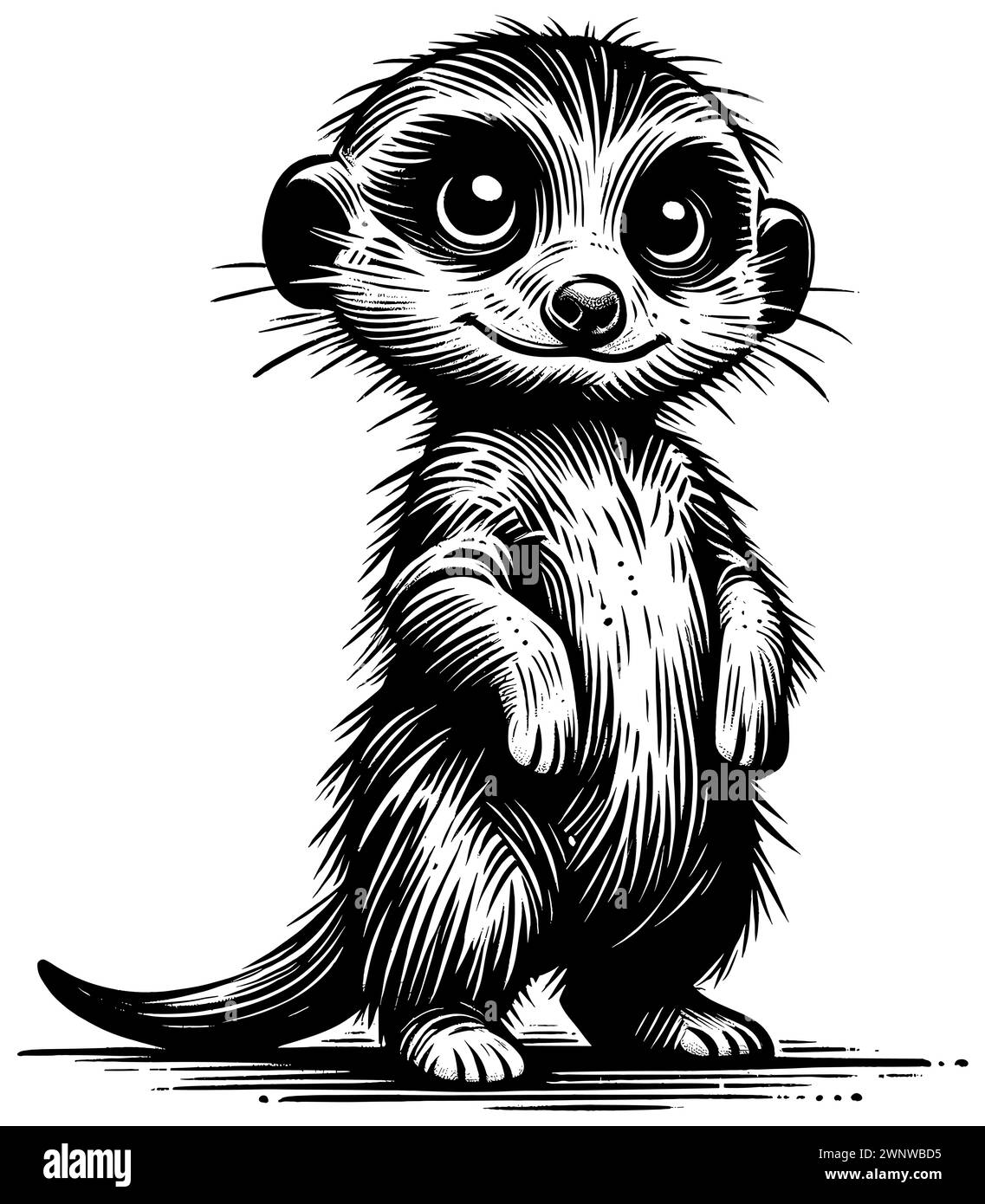 Illustrazione in stile xilografica di un simpatico meerkat bambino su sfondo bianco. Illustrazione Vettoriale