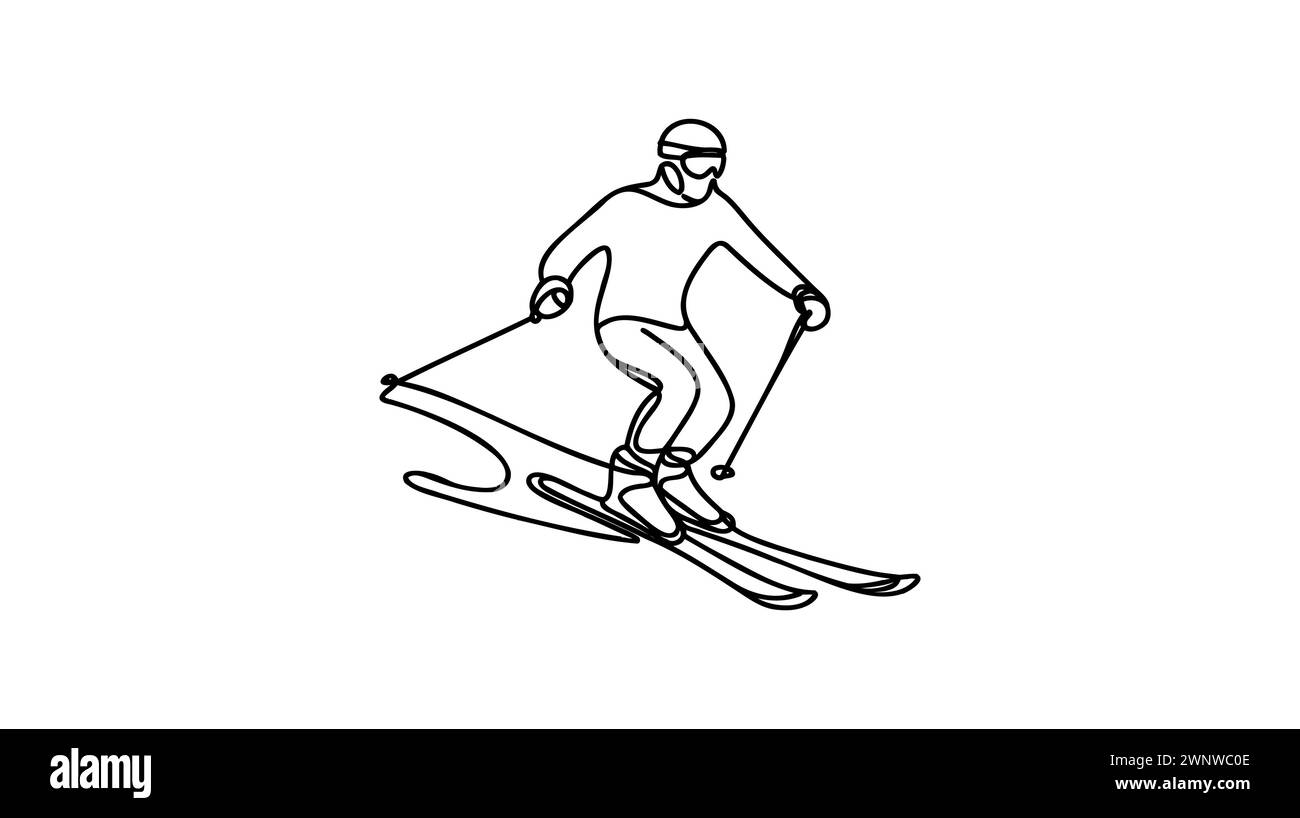 Illustrazione sottile di una linea continua che disegna sciatore, sci, discesa dalla montagna. Sport invernali e turismo. Illustrazione Vettoriale