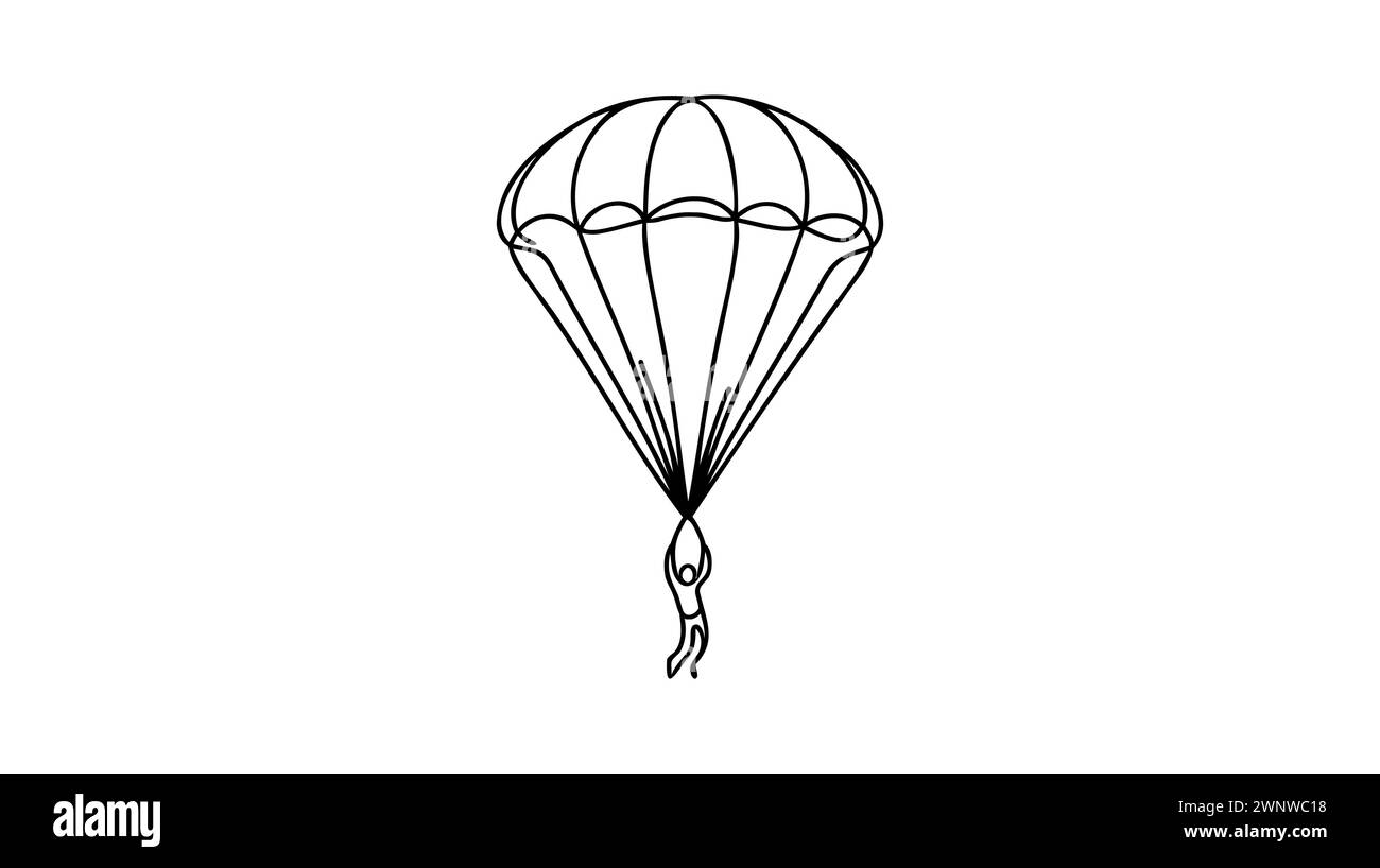 Un disegno continuo di un giovane uomo coraggioso che vola nel cielo con paracadute in parapendio. Concetto di sport estremi pericolosi all'aperto. Singolo dinamico Illustrazione Vettoriale