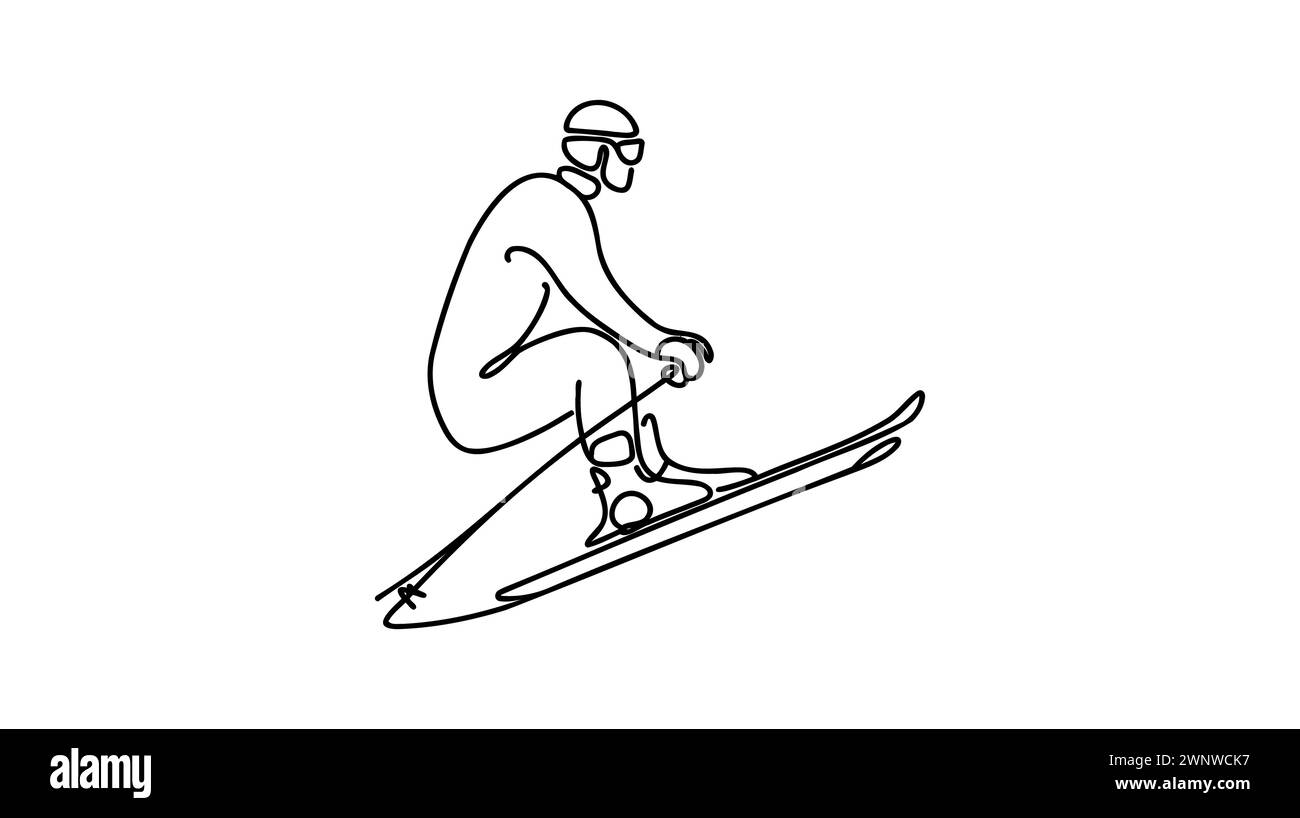 Illustrazione sottile di una linea continua che disegna sciatore, sci, discesa dalla montagna. Sport invernali e turismo. Illustrazione Vettoriale