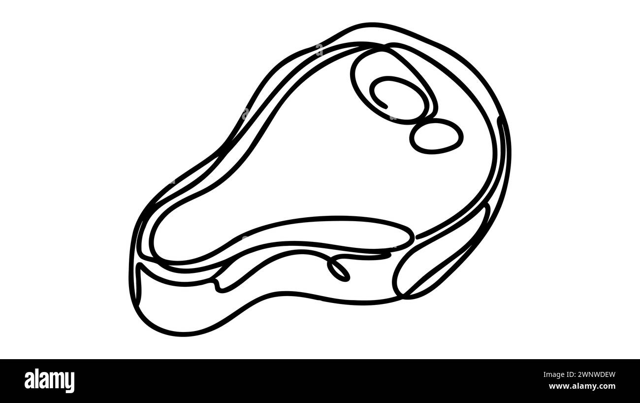 Bistecca con disegno a linea continua. Una linea di carne di vitello, maiale, manzo, vitello, carne all'osso. Illustrazione Vettoriale