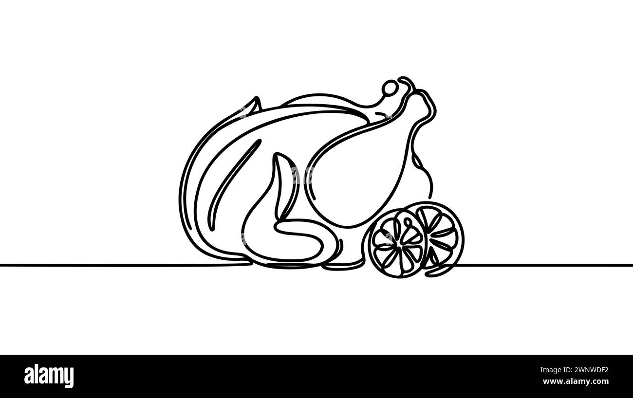 Turkey Line Art: Disegno continuo di contorni di carni di pollame fritte, trafilate a mano. Cibo tradizionale per il giorno del Ringraziamento, piatti caldi per decorazioni natalizie Illustrazione Vettoriale