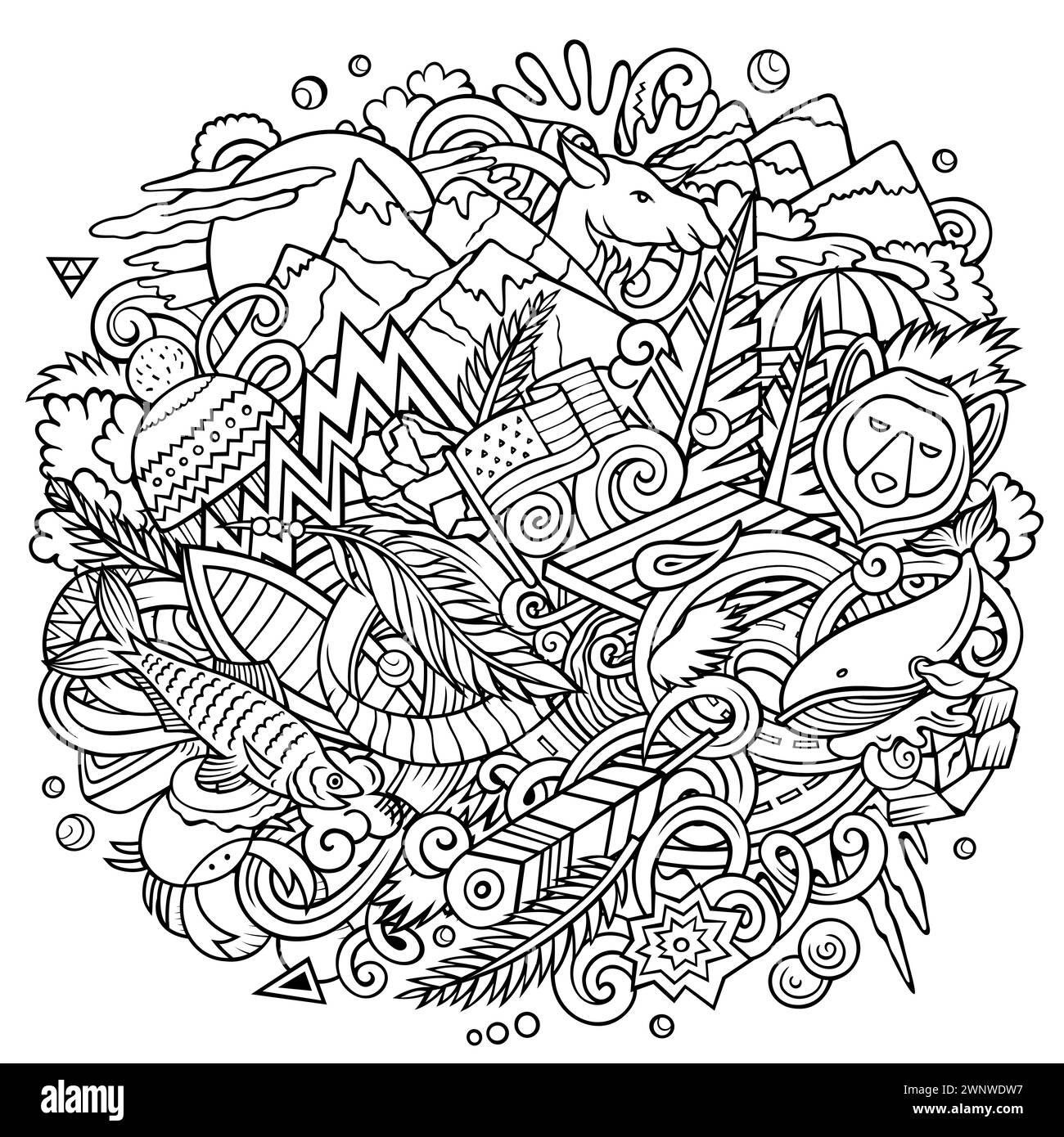 Illustrazione a forma di scarabocchio disegnata a mano in Alaska. Divertente design dello stato degli Stati Uniti. Sfondo vettoriale creativo. Composizione line art Illustrazione Vettoriale