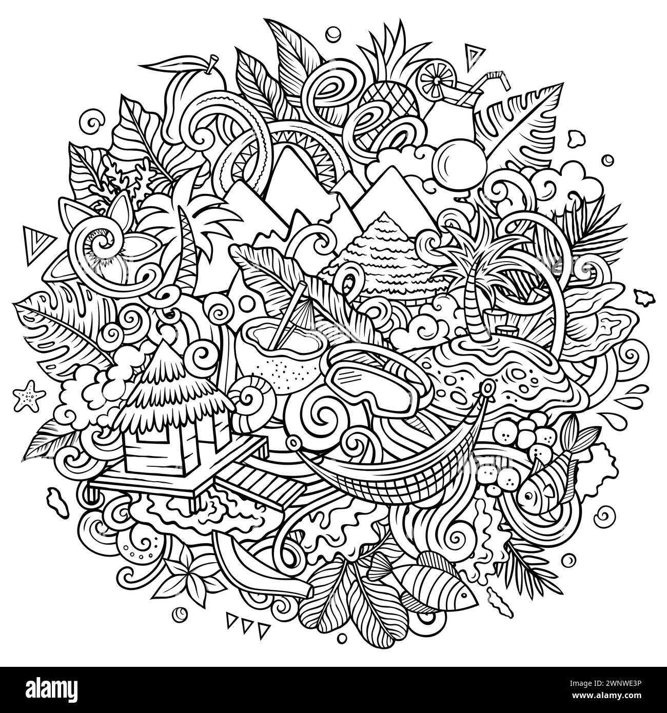 Bora-Bora disegnato a mano su un fumetto. Divertente sfondo vettoriale creativo con elementi e oggetti della Polinesia francese. Composizione line art Illustrazione Vettoriale