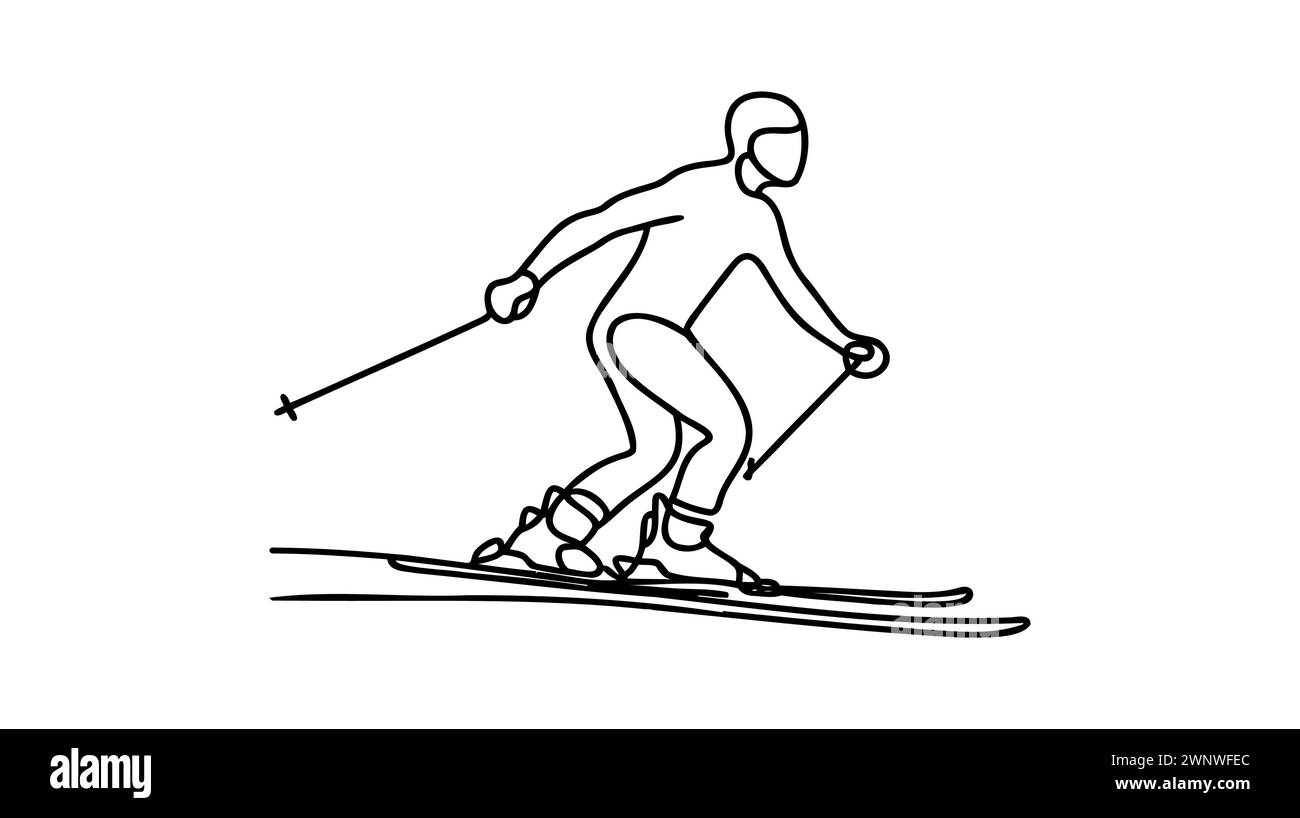 Illustrazione sottile di una linea continua che disegna sciatore, sci, discesa dalla montagna. Sport invernali e turismo. Illustrazione Vettoriale