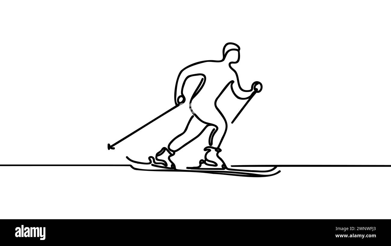 Illustrazione sottile di una linea continua che disegna sciatore, sci, discesa dalla montagna. Sport invernali e turismo. Illustrazione Vettoriale