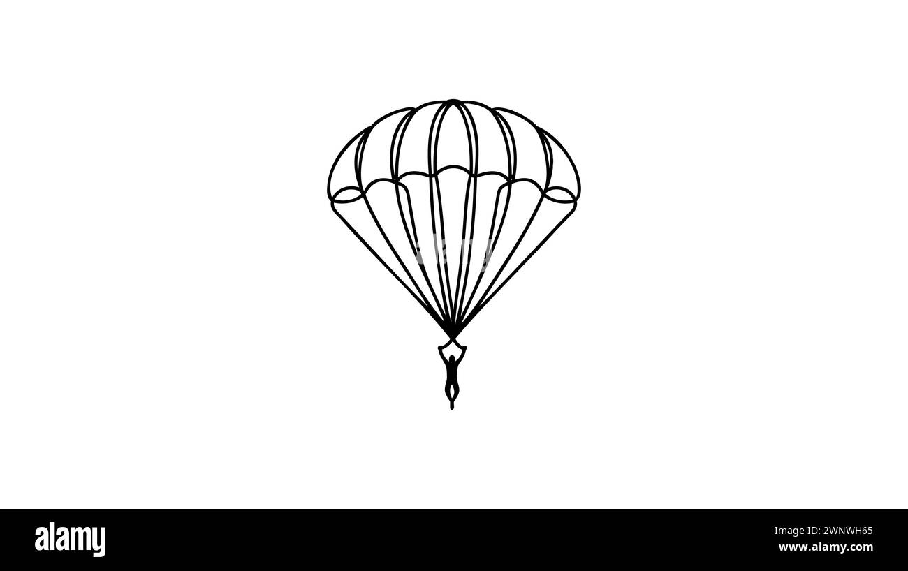 Un disegno continuo di un giovane uomo coraggioso che vola nel cielo con paracadute in parapendio. Concetto di sport estremi pericolosi all'aperto. Singolo dinamico Illustrazione Vettoriale