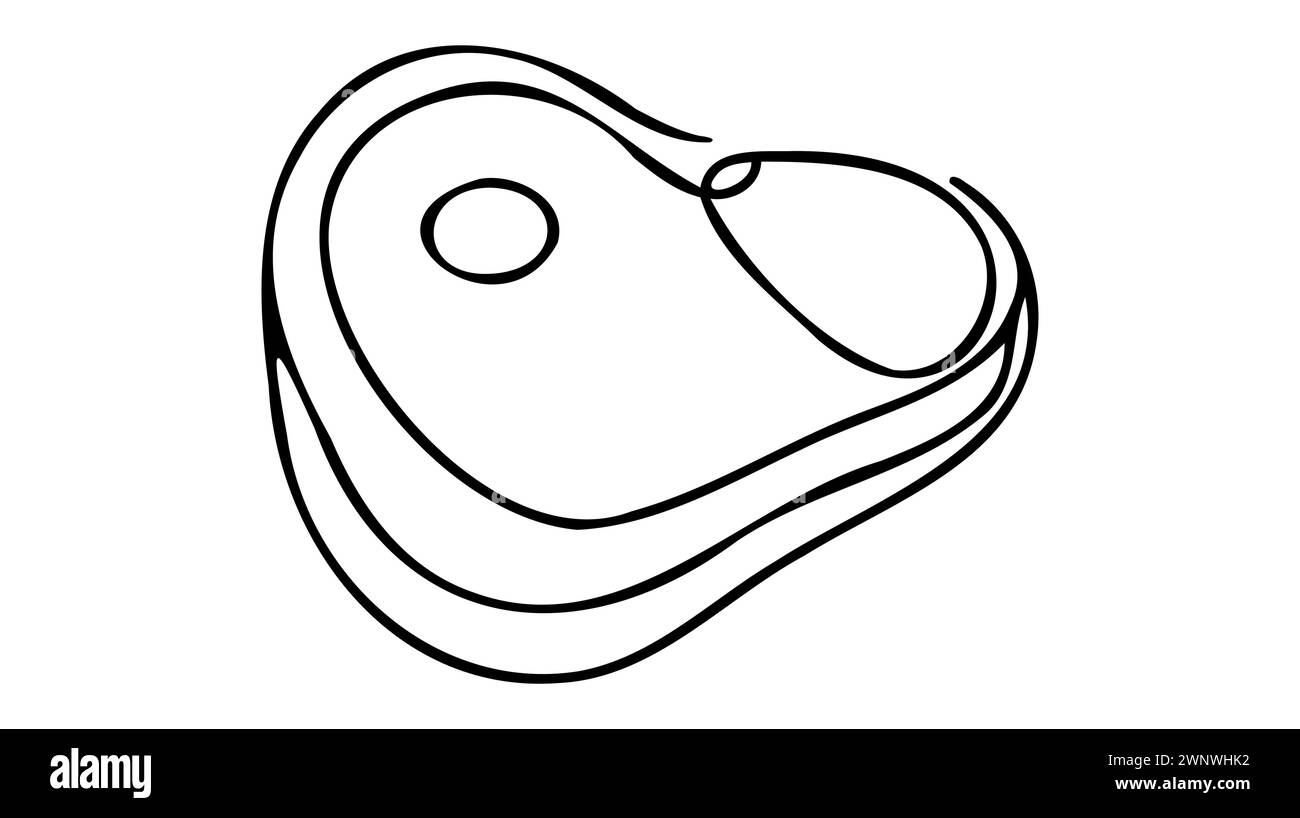Bistecca con disegno a linea continua. Una linea di carne di vitello, maiale, manzo, vitello, carne all'osso. Illustrazione Vettoriale