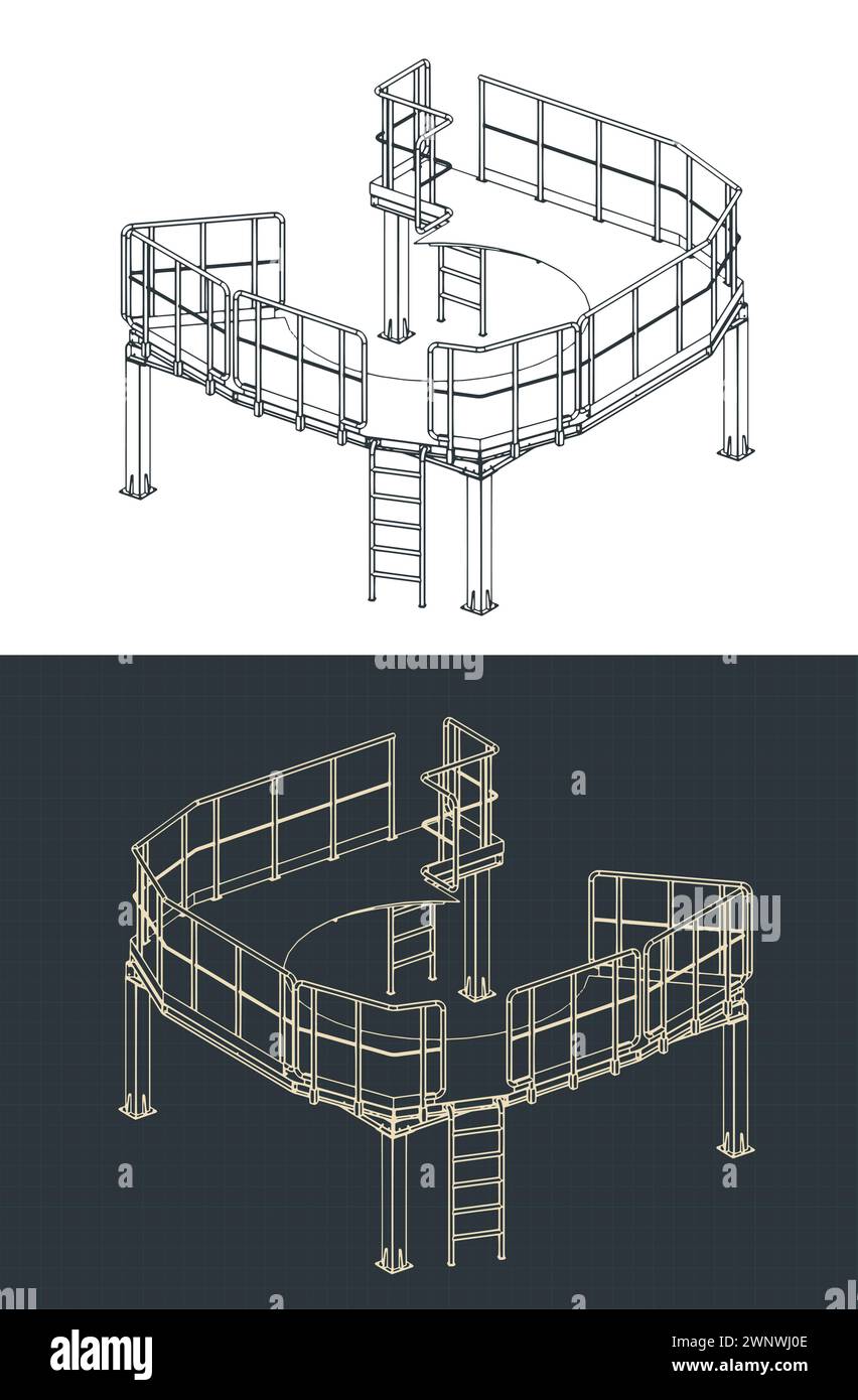 Illustrazioni vettoriali stilizzate di progetti isometrici di una piattaforma di strutture metalliche di servizio Illustrazione Vettoriale