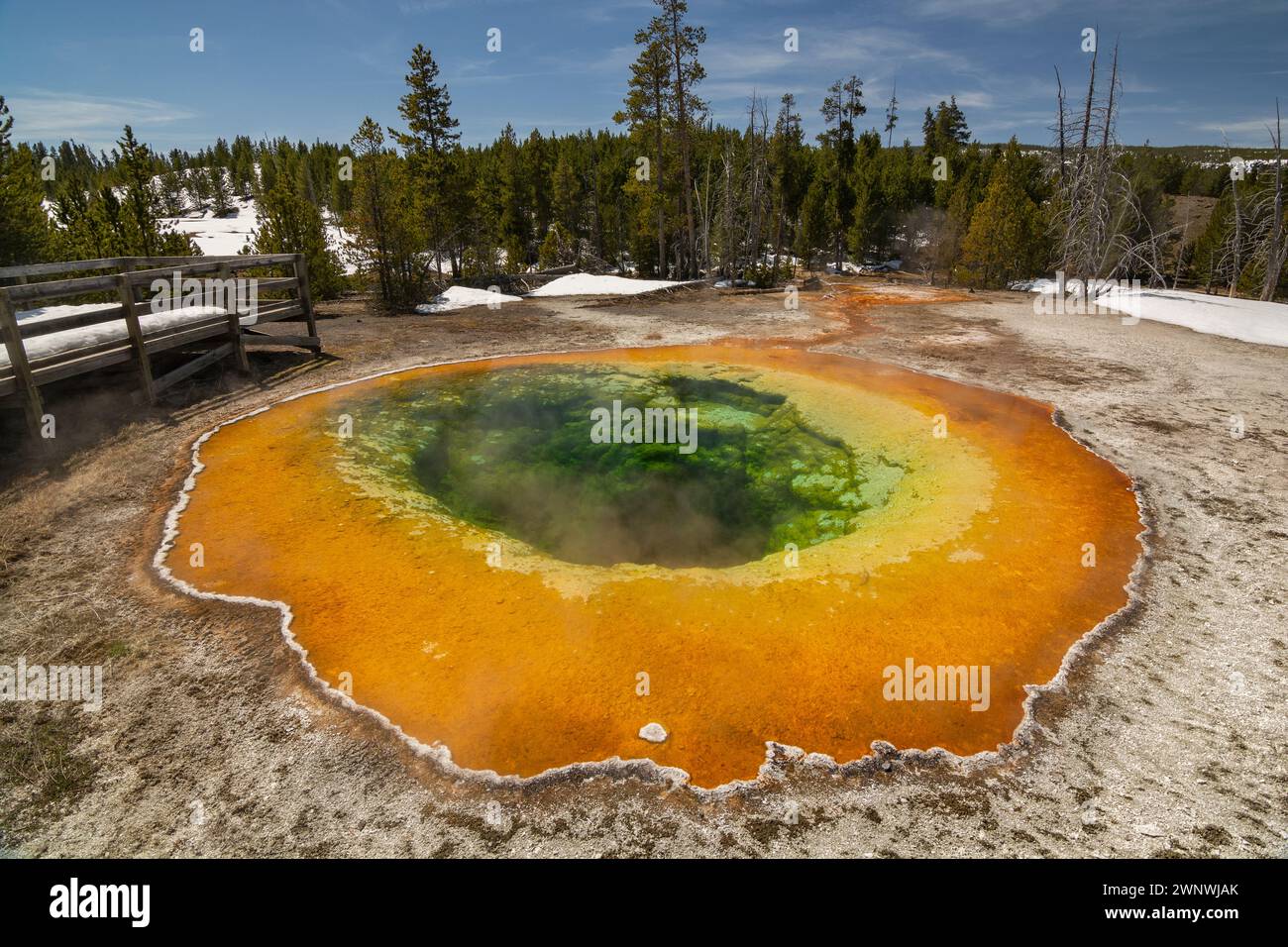 L'immagine mostra i colori vivaci di una sorgente termale calda con suggestivi depositi minerali verdi e arancioni intorno ai bordi Foto Stock