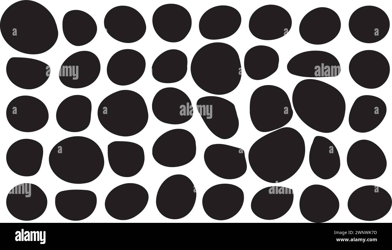 Motivo bianco e nero realizzato con cerchi irregolari che sembrano una forma disegnata a mano di pois Illustrazione Vettoriale