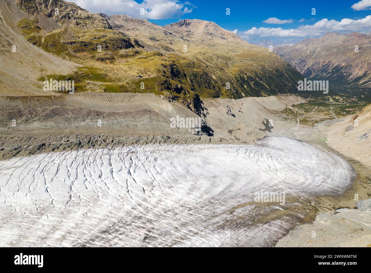 Svizzera, Engadina, ghiacciaio di Morteratsch, vista aerea (settembre 2019) Foto Stock