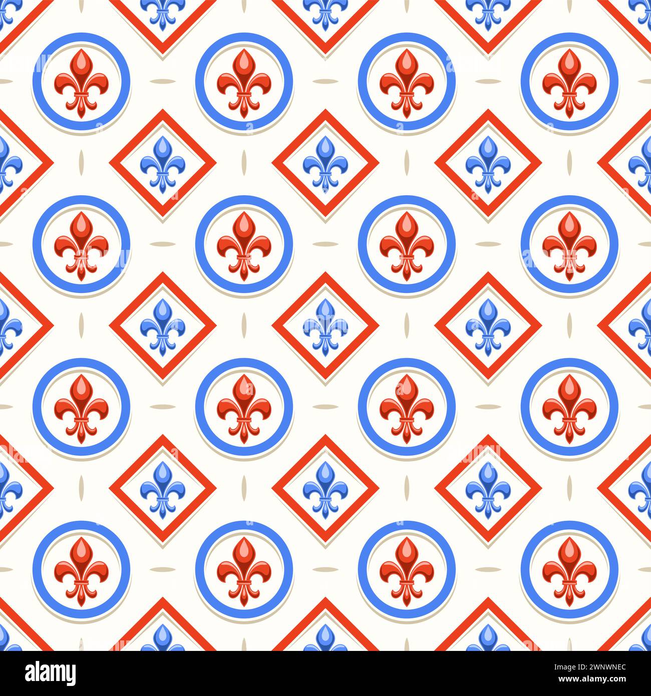 Vector Fleur de Lis Seamless Pattern, sfondo ripetuto con illustrazioni di pattern vintage con fleur de lis in celle circolari e rombo, po quadrato Illustrazione Vettoriale