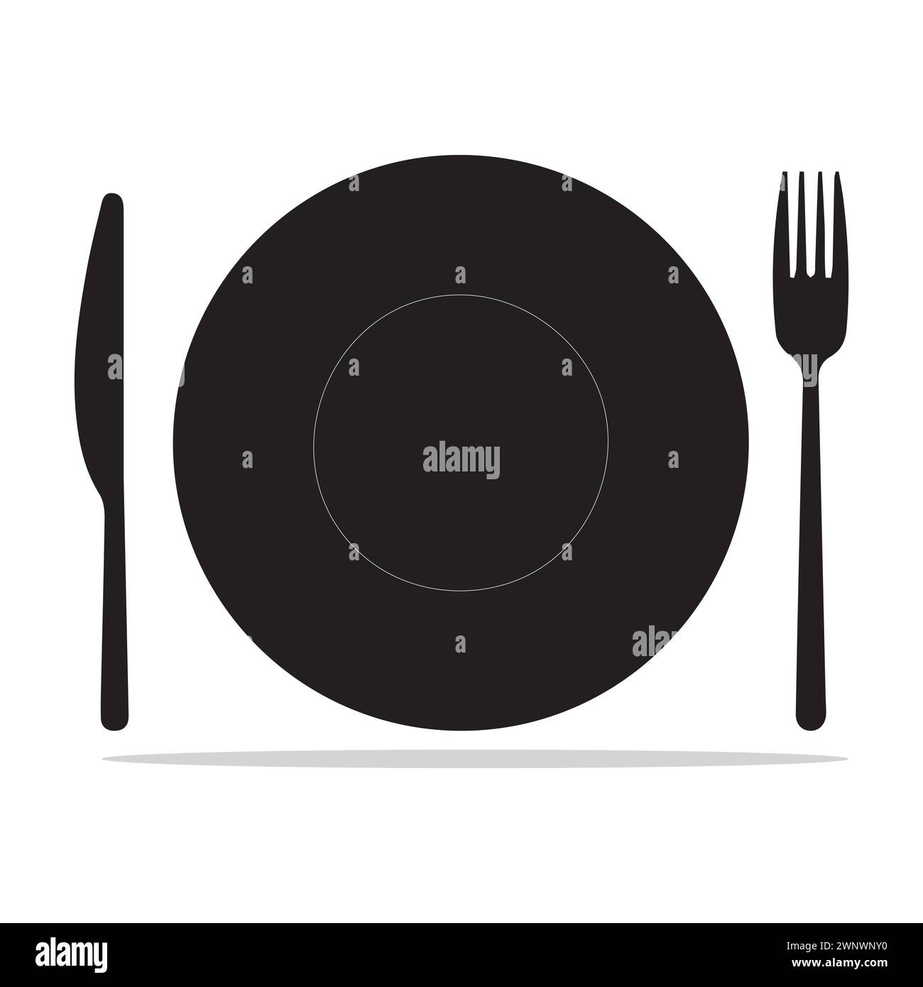Icona piastra, forca e coltello in stile piatto. Simbolo del cibo icona piastra isolata. Illustrazione vettoriale piatta in nero su sfondo bianco. EPS 10 Illustrazione Vettoriale
