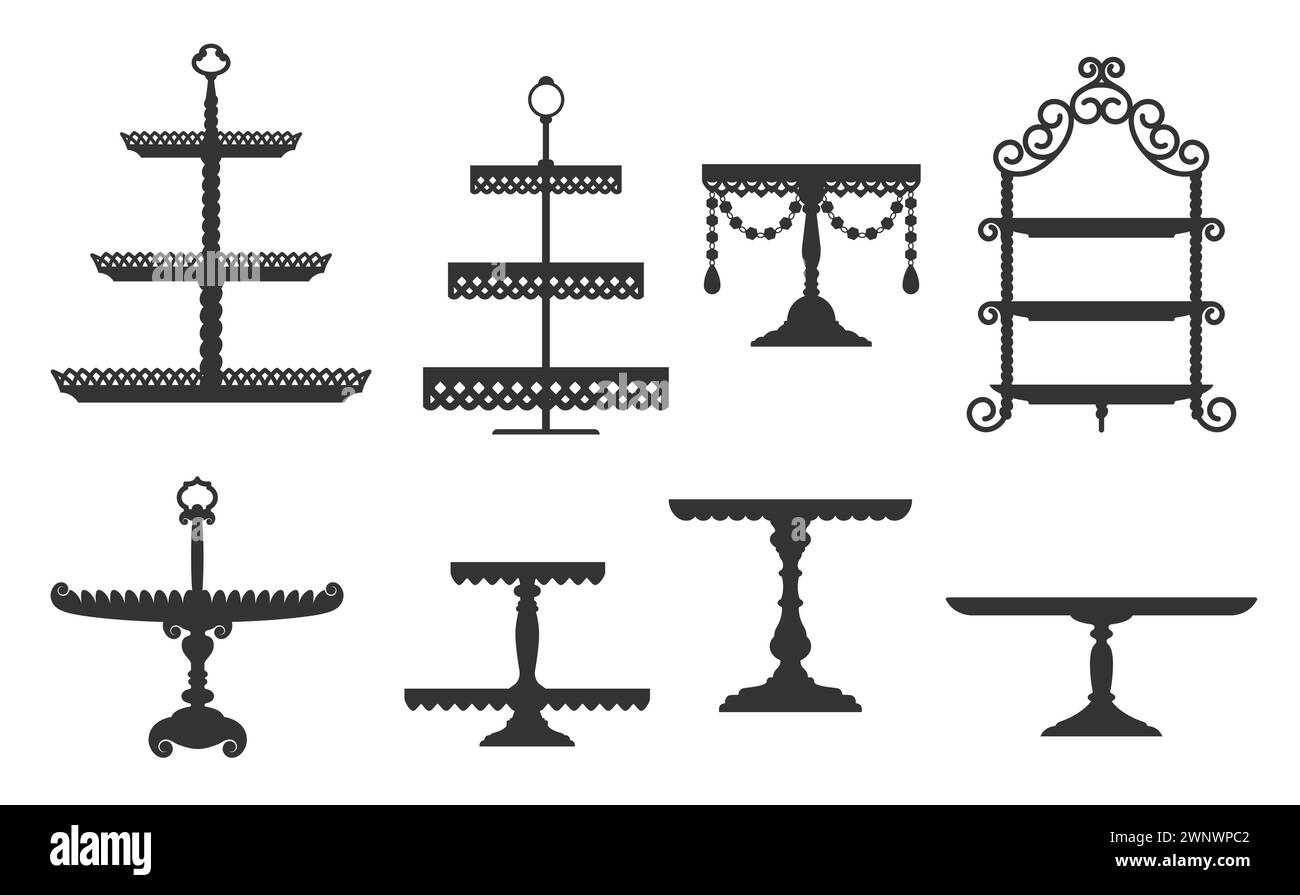 Vassoio per tè e torta nuziale, sagome con piedistallo e vassoio. Eleganti tavoli vettoriali neri o piatti per frutta e dessert serviti durante le feste e le cerimonie, simboleggiano la gioia e la raffinatezza Illustrazione Vettoriale