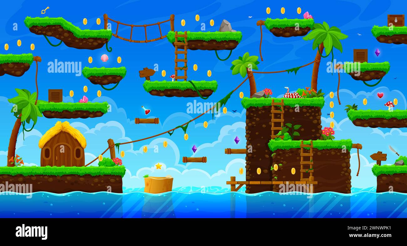 Arcade Tropical Pirate Island, interfaccia di livello di gioco mappa. Palme e liane, monete d'oro, piattaforme e scale, corde e fiori sul cielo, nuvole e sfondo vettoriale marino. Risorse dell'interfaccia utente per videogiochi 2d. Illustrazione Vettoriale