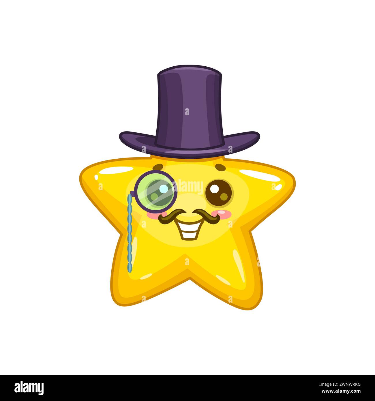 Cartoni animati cartoni animati, stella kawaii e personaggio con personalità scintillante, indossa il monopiede e il cappello. L'affascinante gentiluomo con i baffi e vettoriali isolati toon indossa accessori dapper, trasudando un fascino cosmico celeste stravagante Illustrazione Vettoriale