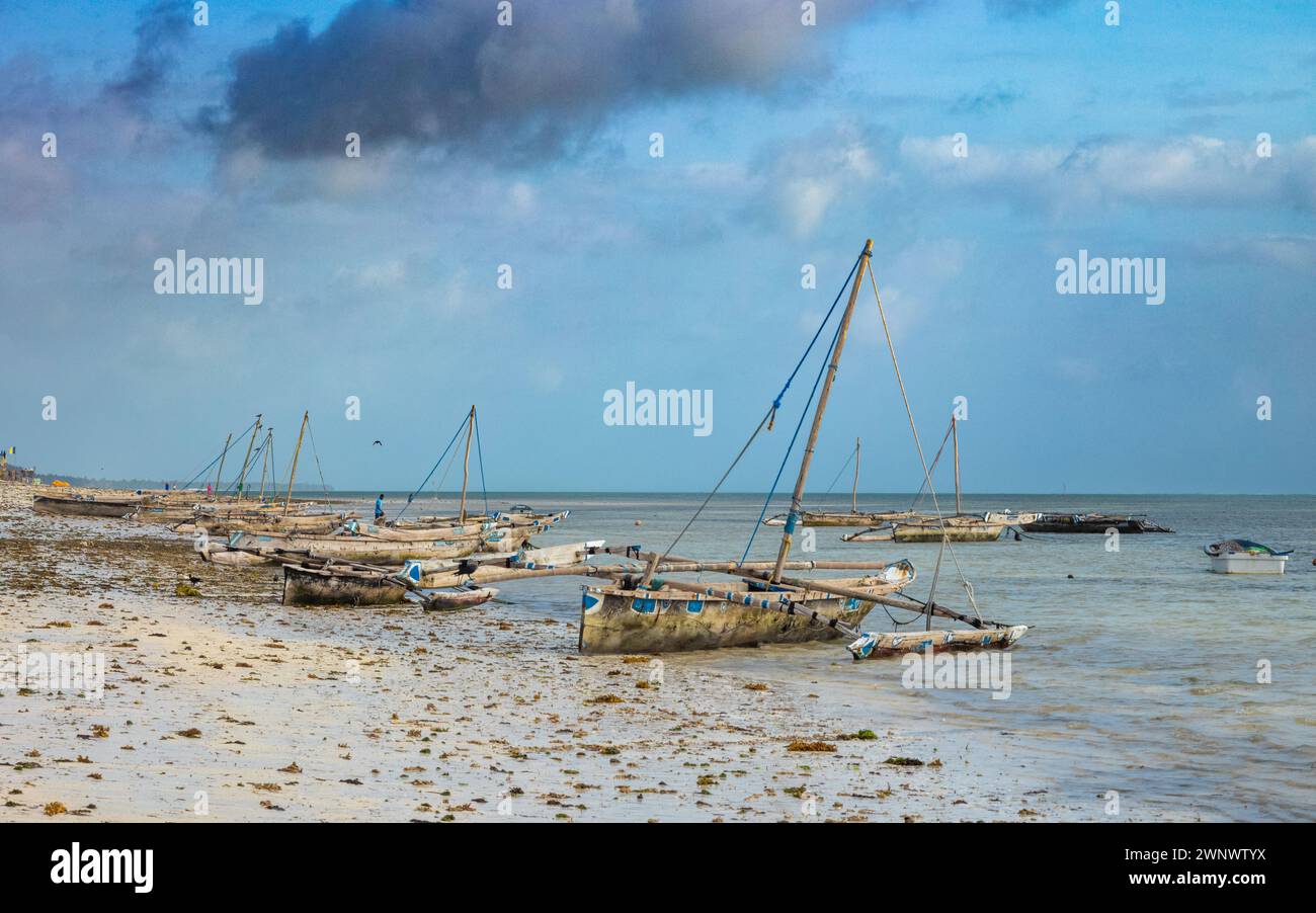 Tradizionali barche a vela in legno in giù trainate sulla spiaggia, Jambiani, Zanzibar, Tanzania. Foto Stock